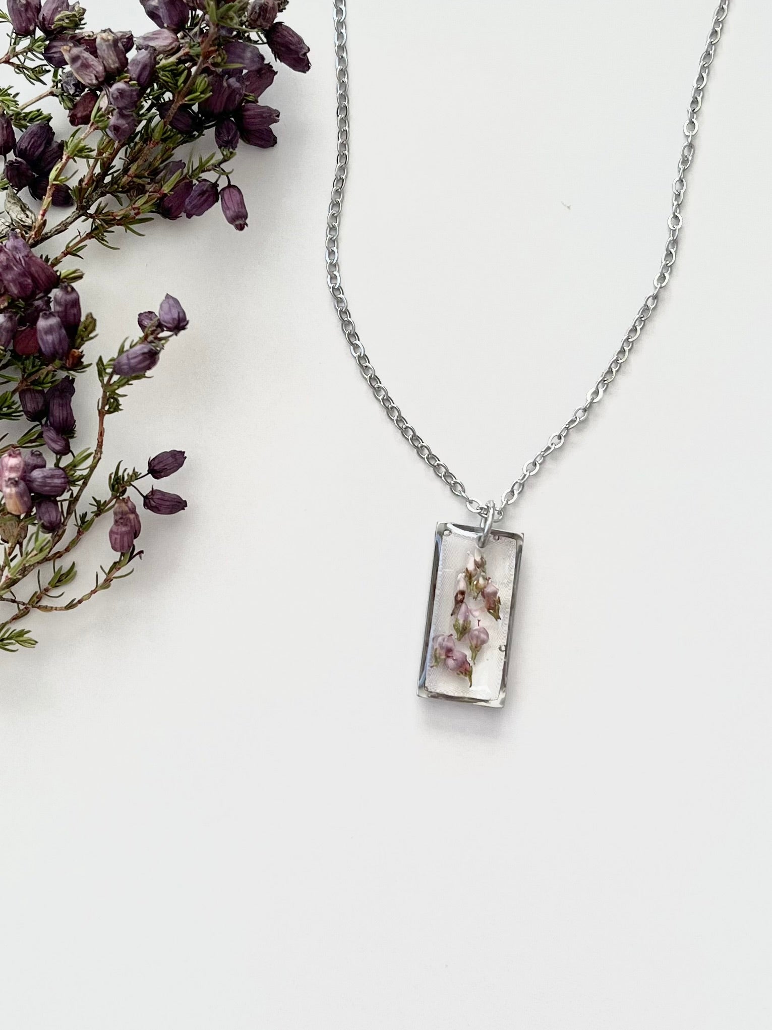 Silver Rectangular Scottish Heather Necklace (Medium)