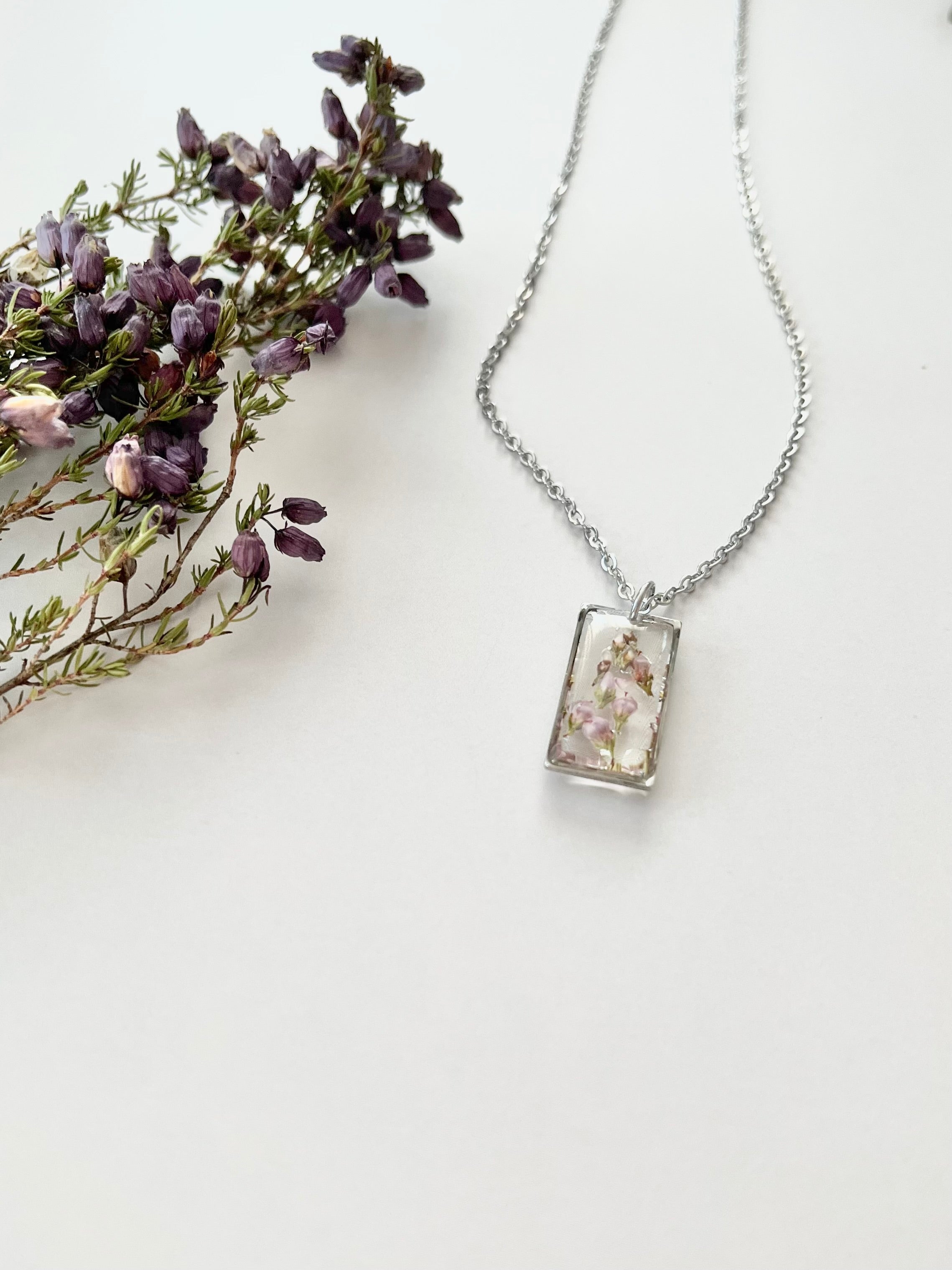 Silver Rectangular Scottish Heather Necklace (Medium)