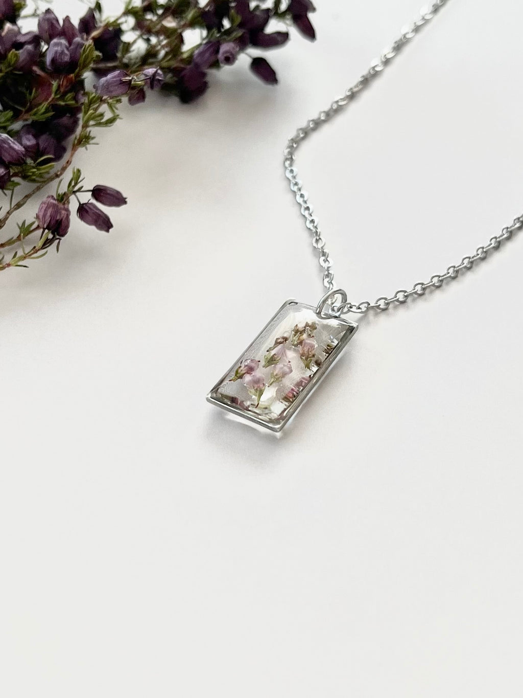 Silver Rectangular Scottish Heather Necklace (Medium)