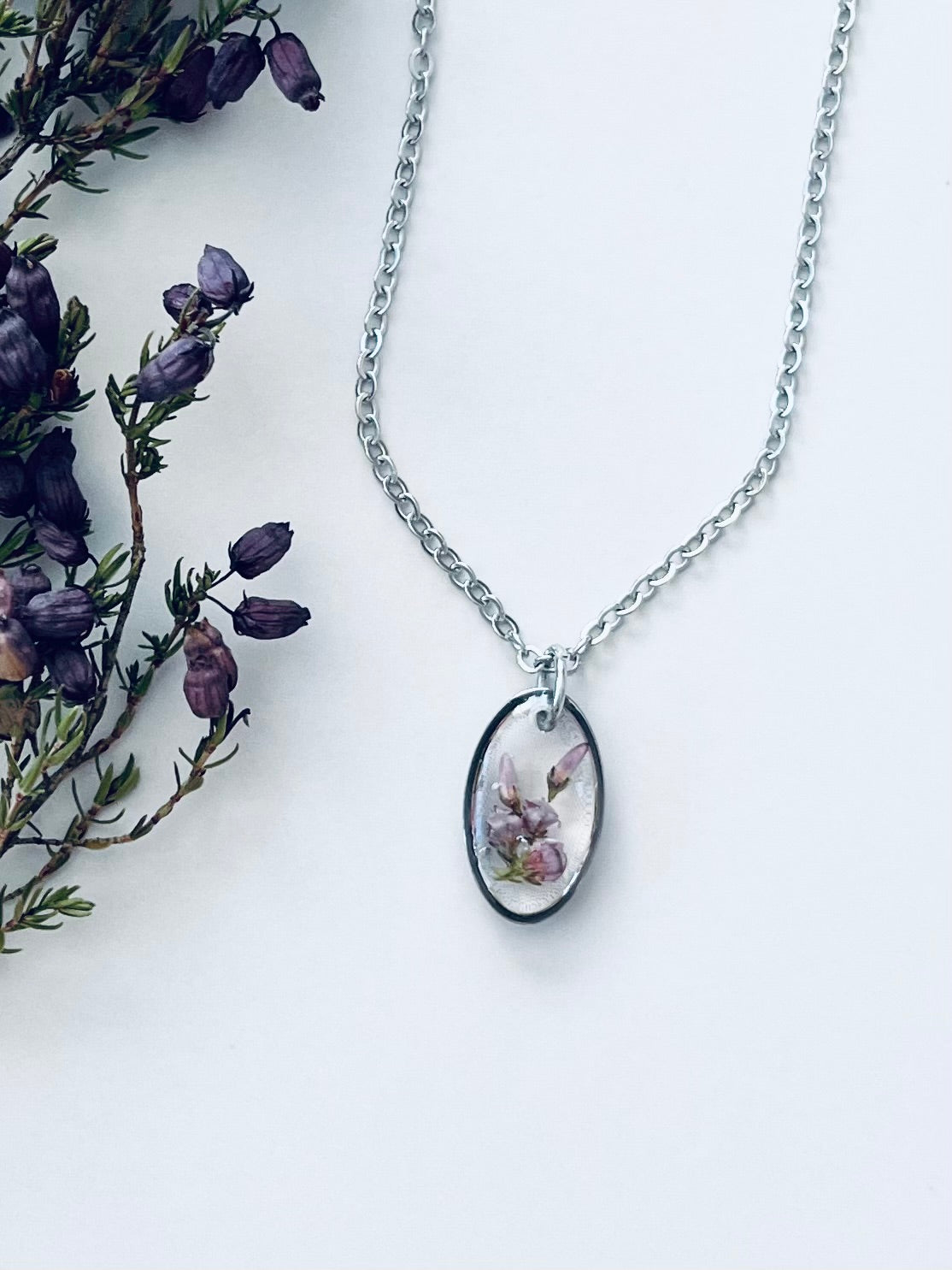 Silver Oval Scottish Heather Necklace (Small)
