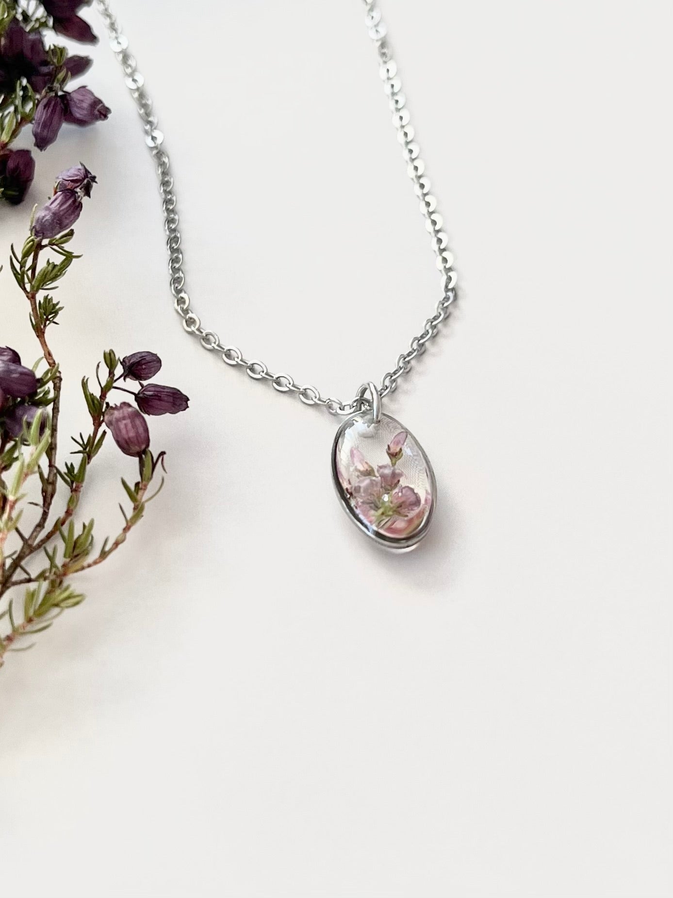 Silver Oval Scottish Heather Necklace (Small)