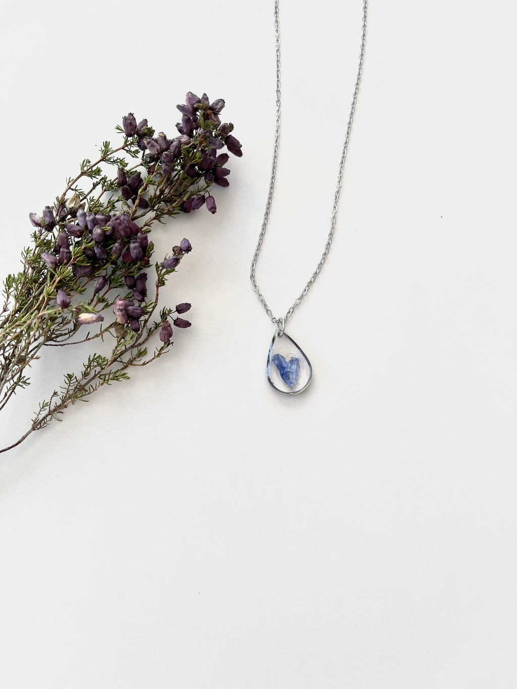 Silver Drop Blue Flower Necklace (Medium)