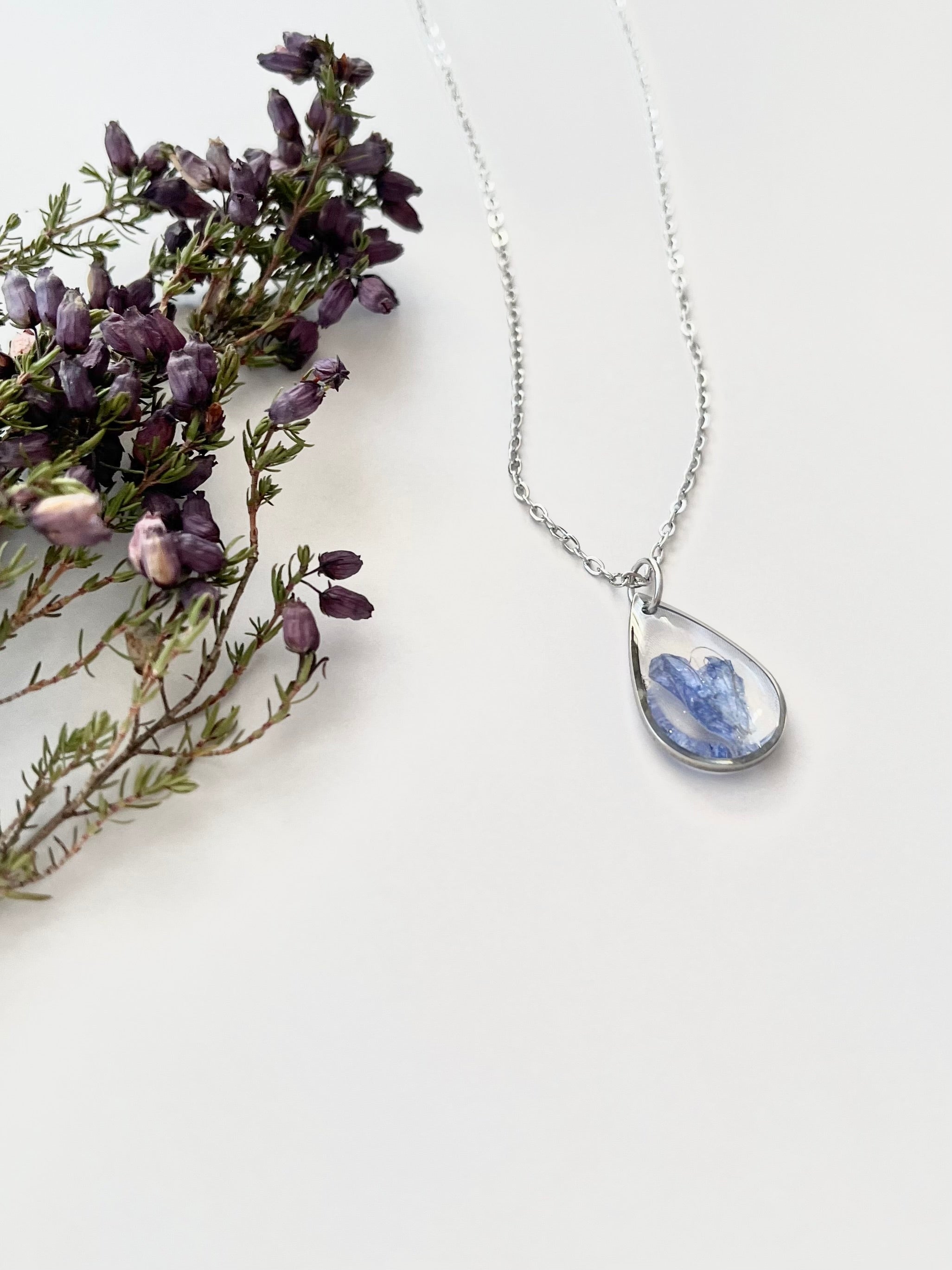 Silver Drop Blue Flower Necklace (Medium)