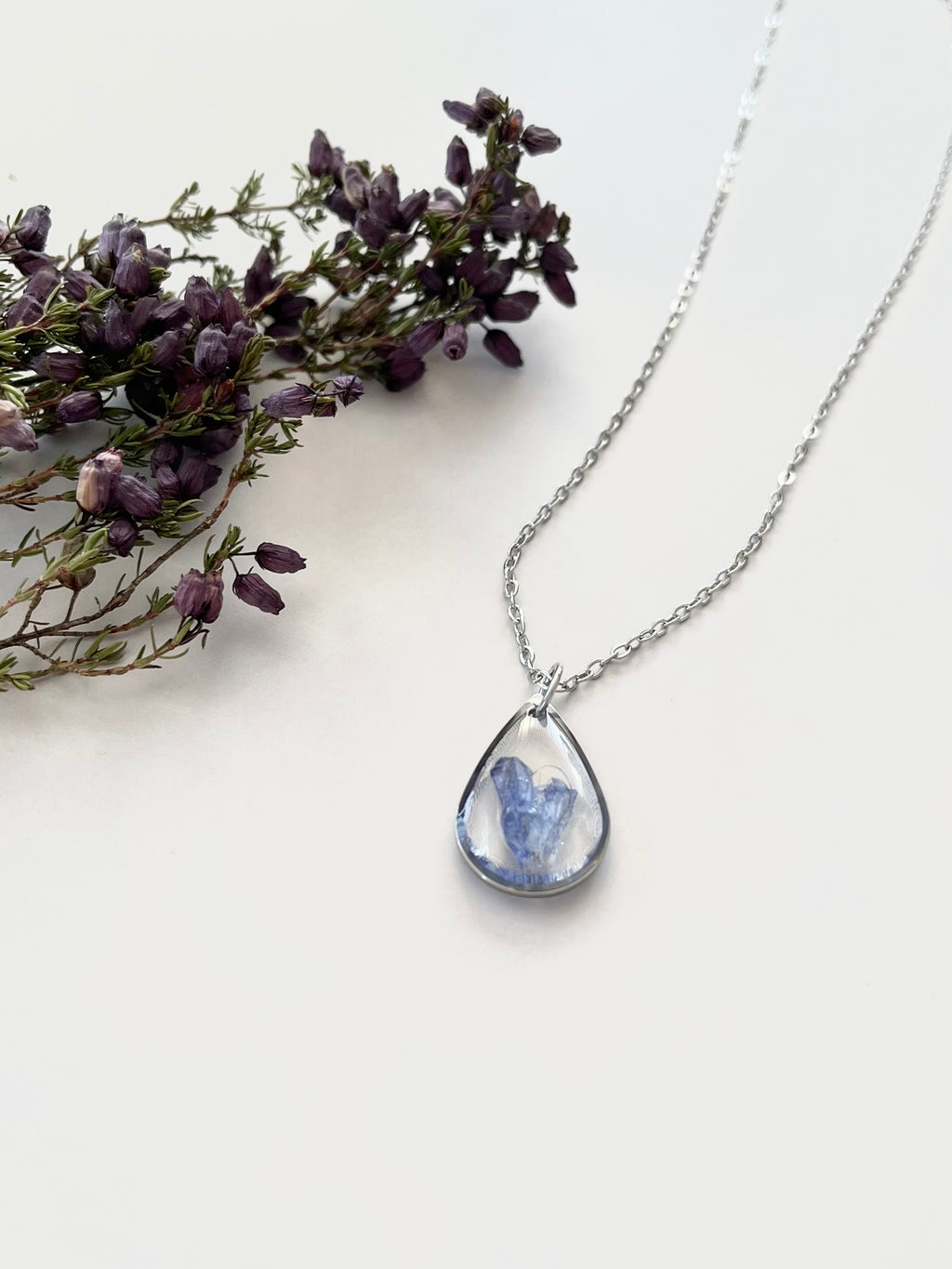 Silver Drop Blue Flower Necklace (Medium)
