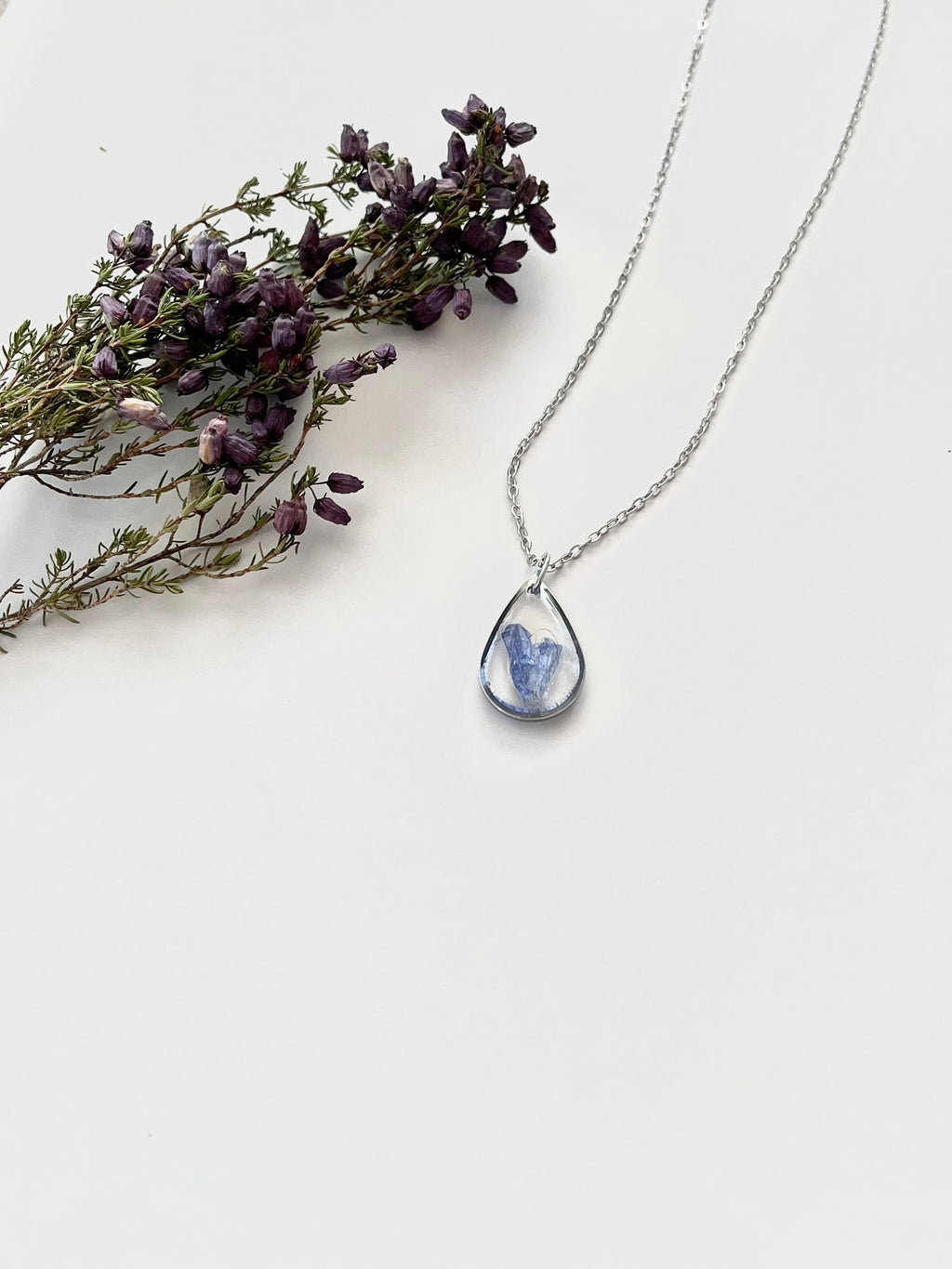 Silver Drop Blue Flower Necklace (Medium)