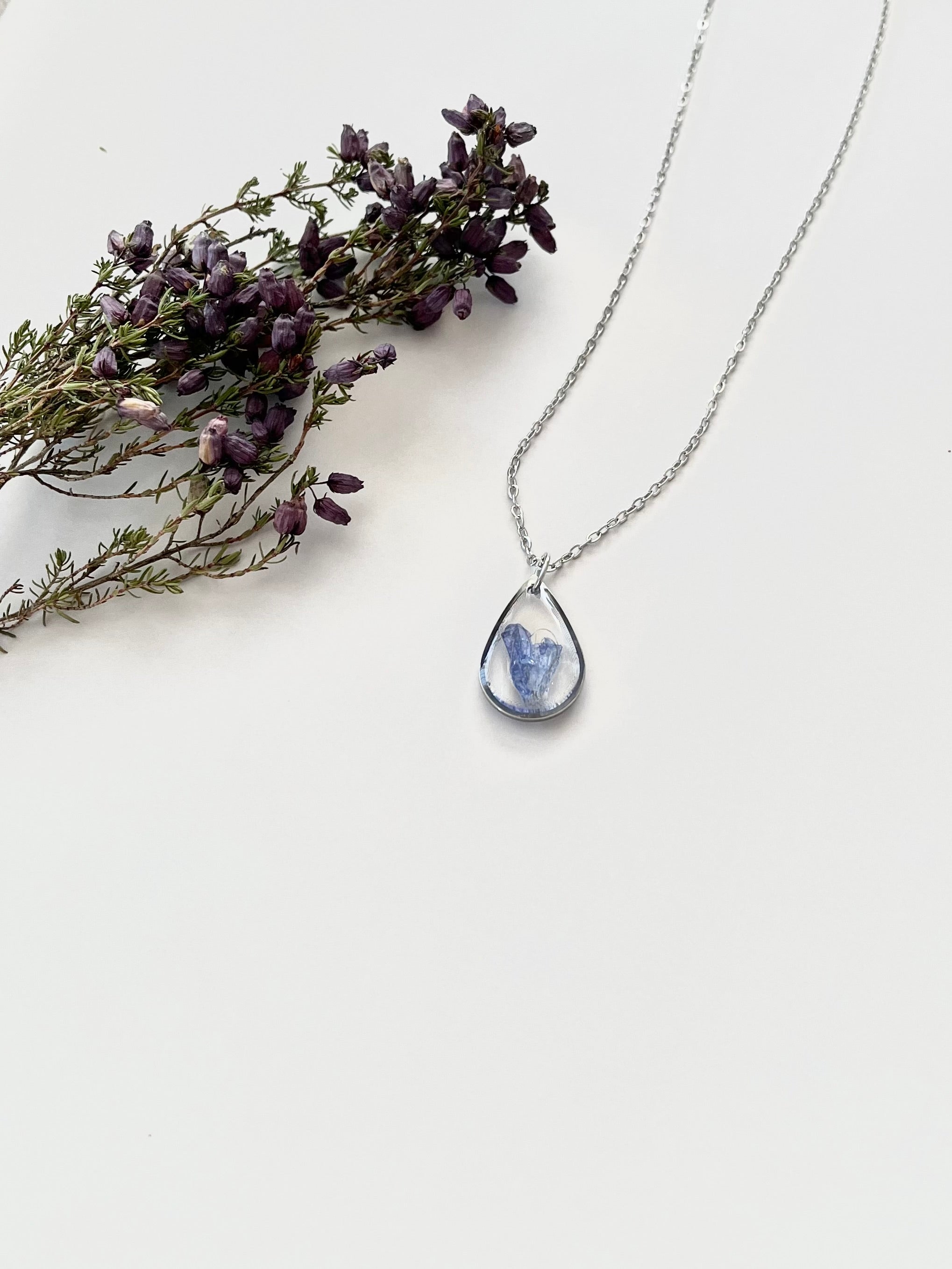 Silver Drop Blue Flower Necklace (Medium)