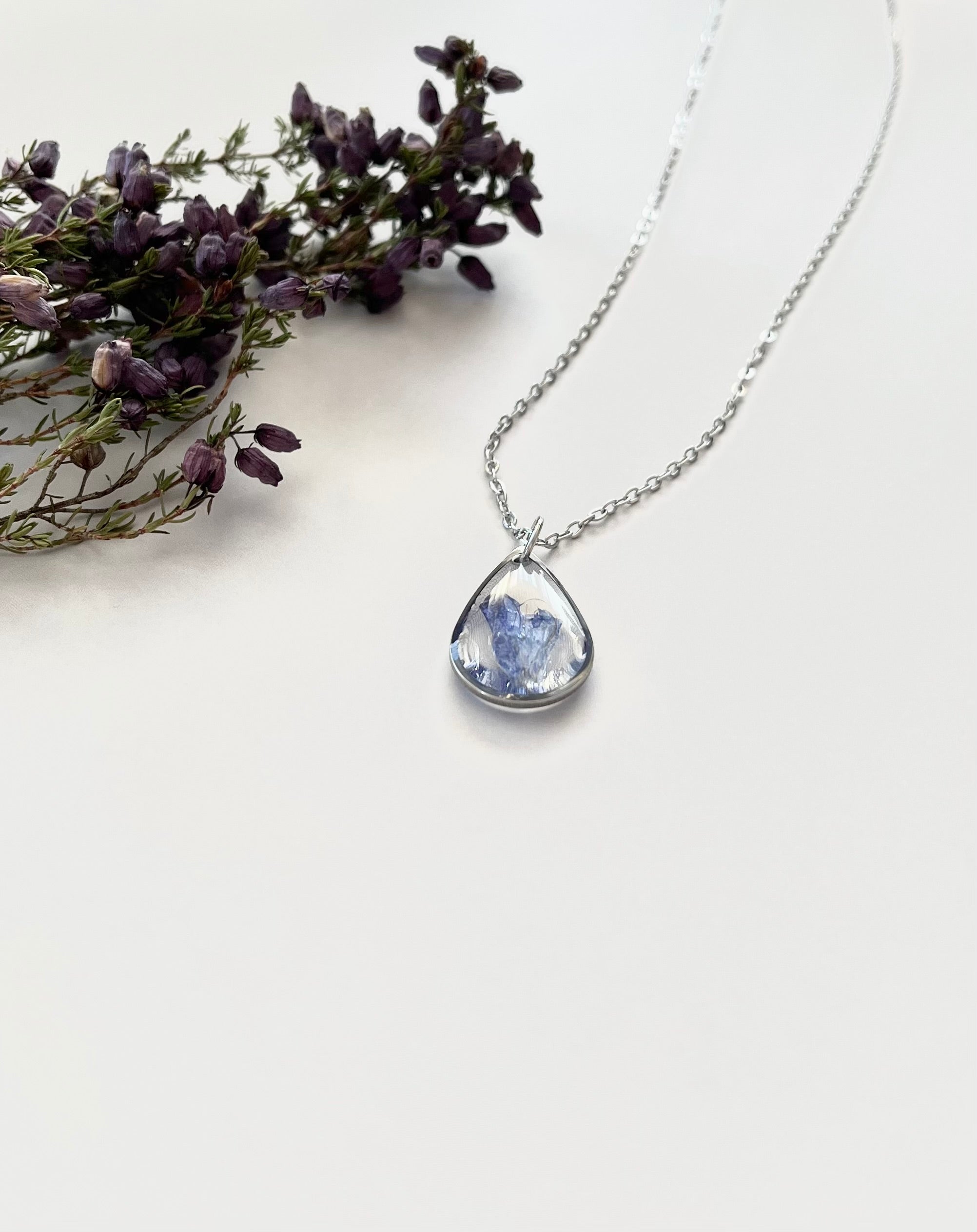 Silver Drop Blue Flower Necklace (Medium)
