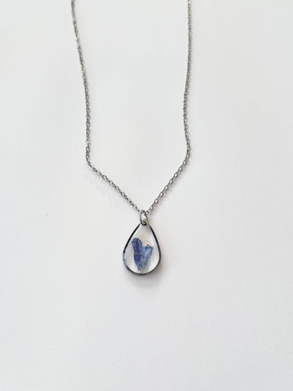 Silver Drop Blue Flower Necklace (Medium)
