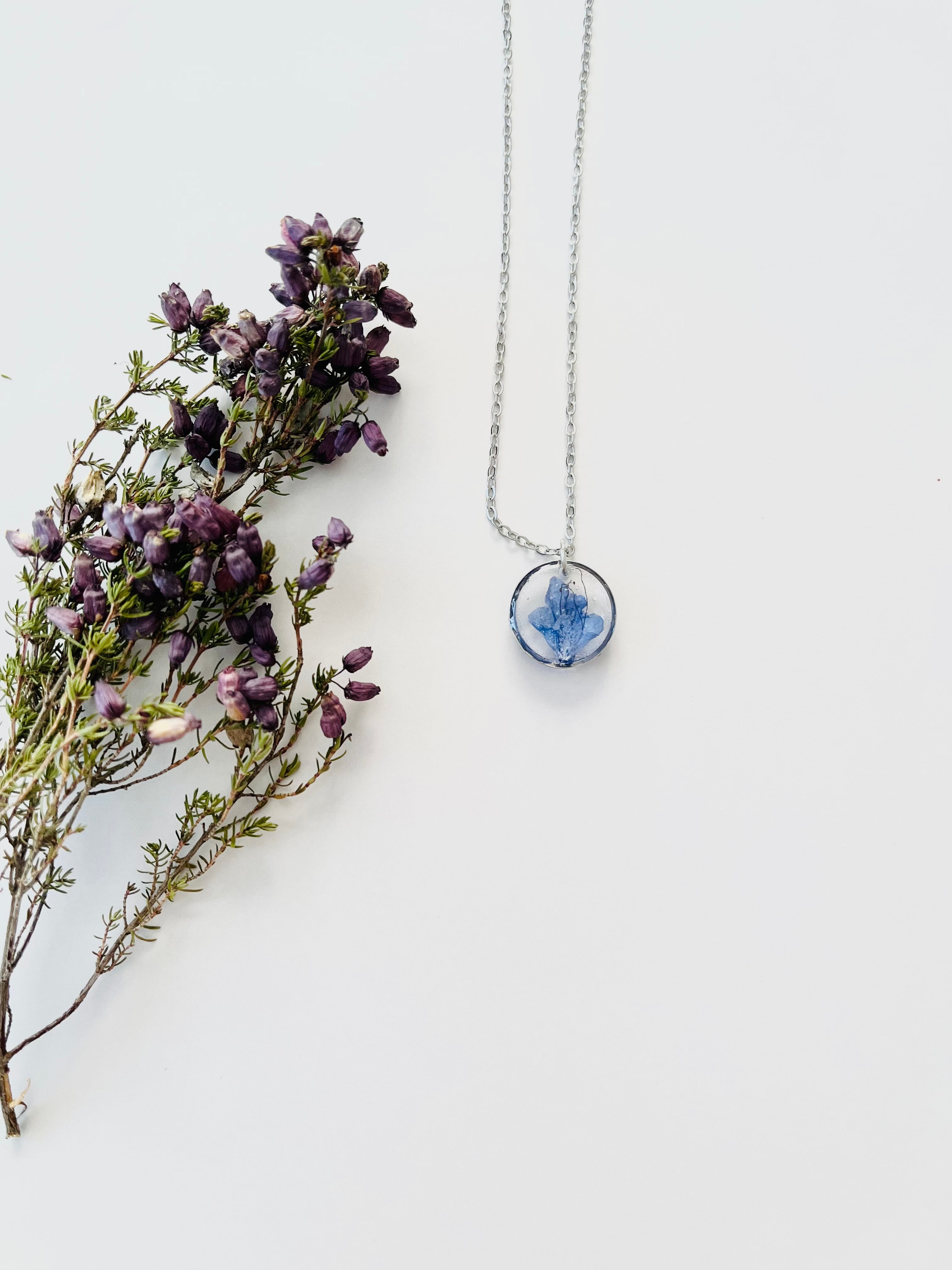 Silver Round Blue Flower Necklace (Small)
