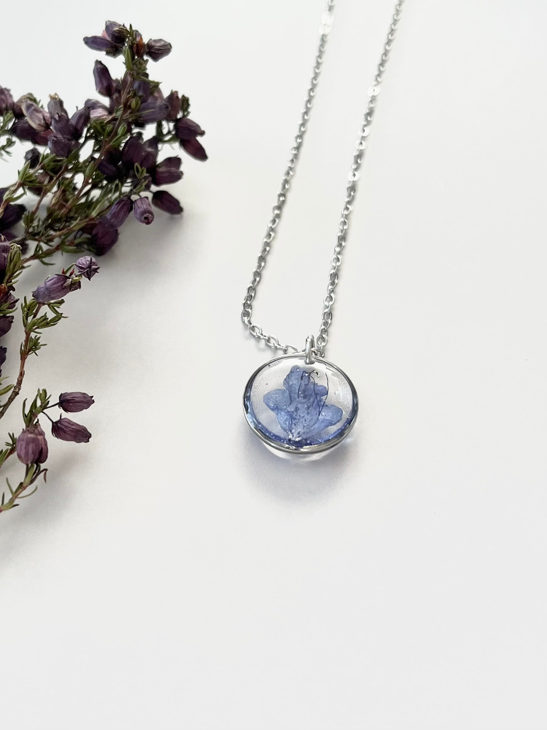 Silver Round Blue Flower Necklace (Small)