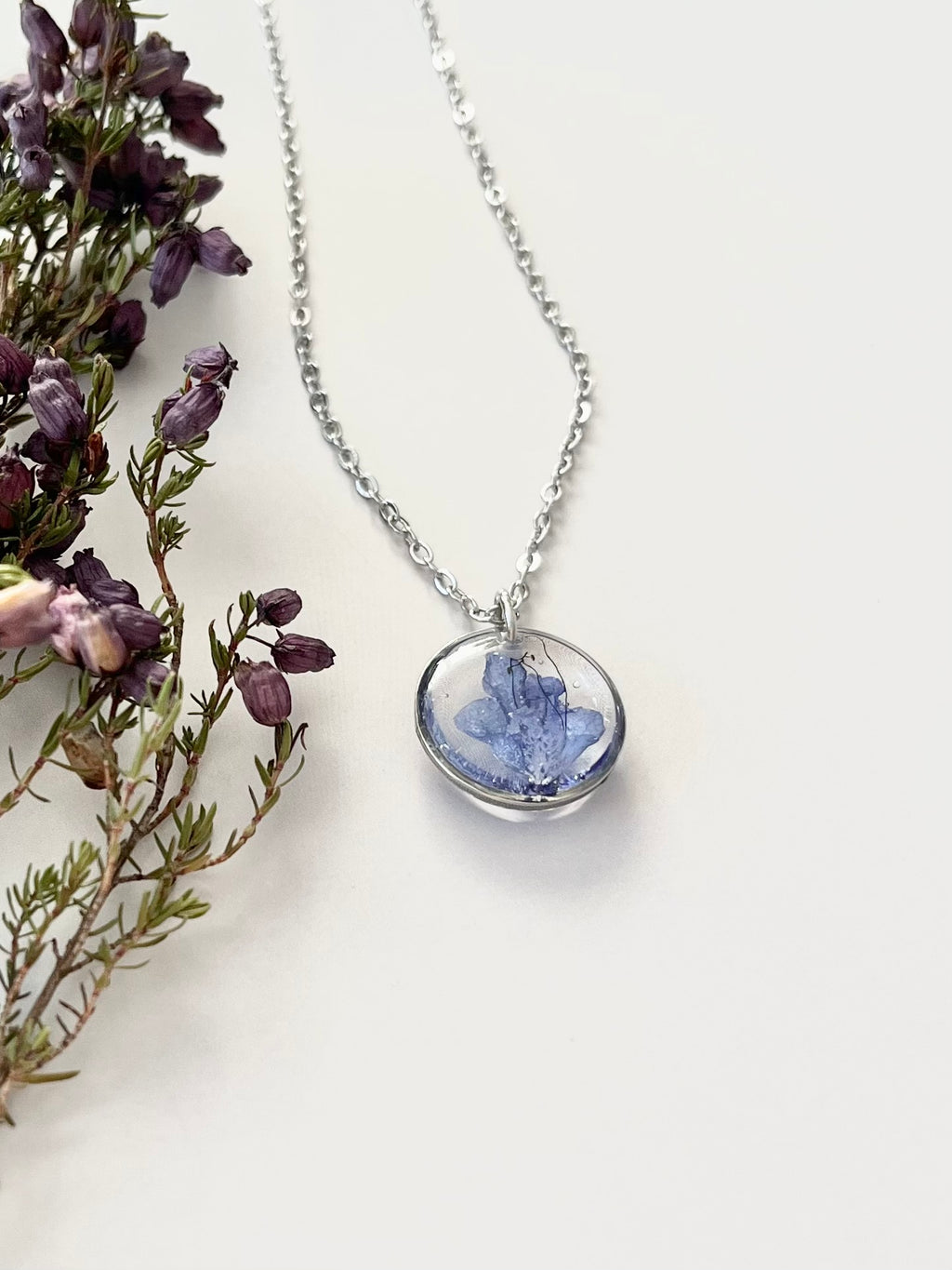 Silver Round Blue Flower Necklace (Small)
