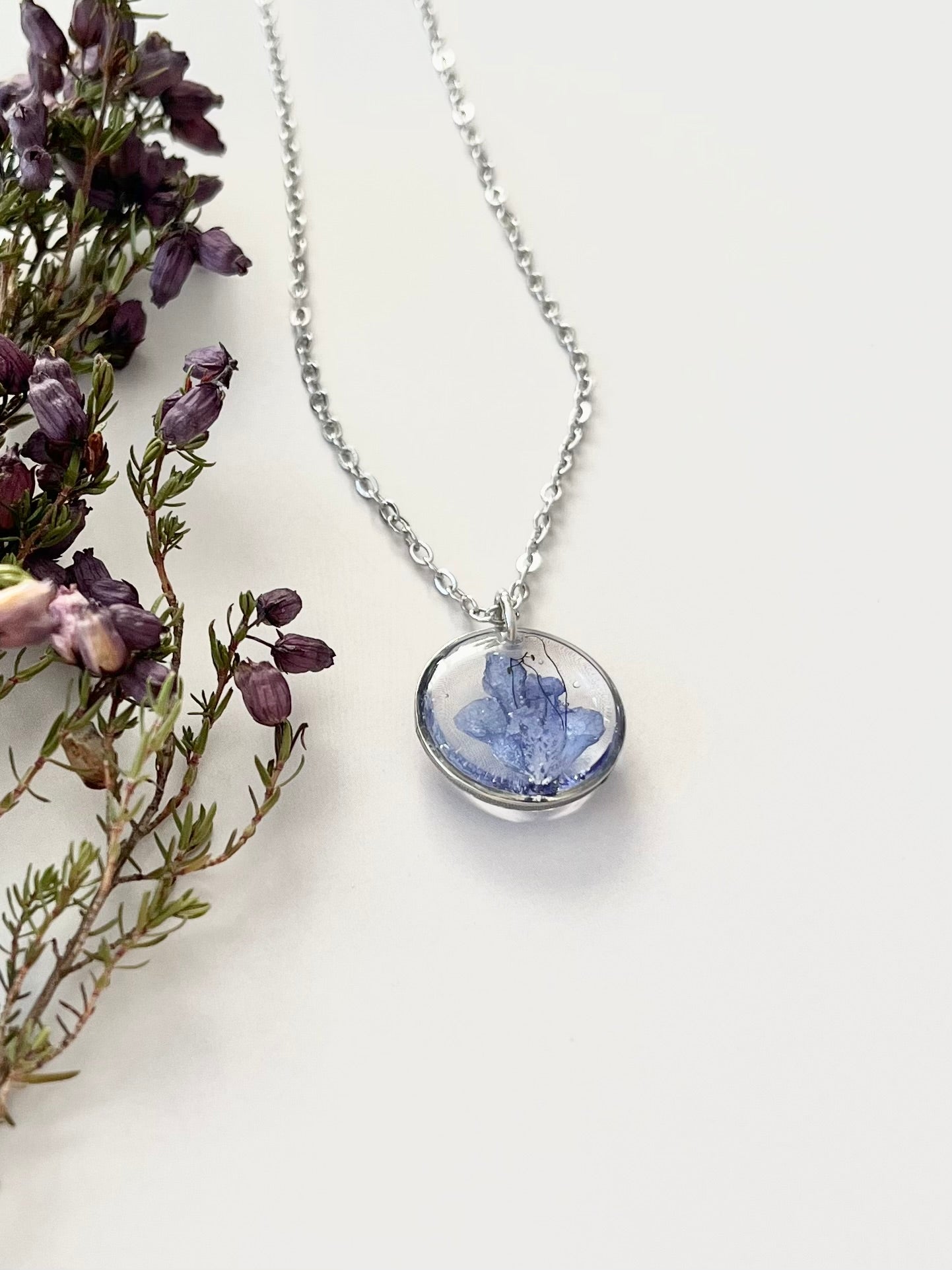 Silver Round Blue Flower Necklace (Small)