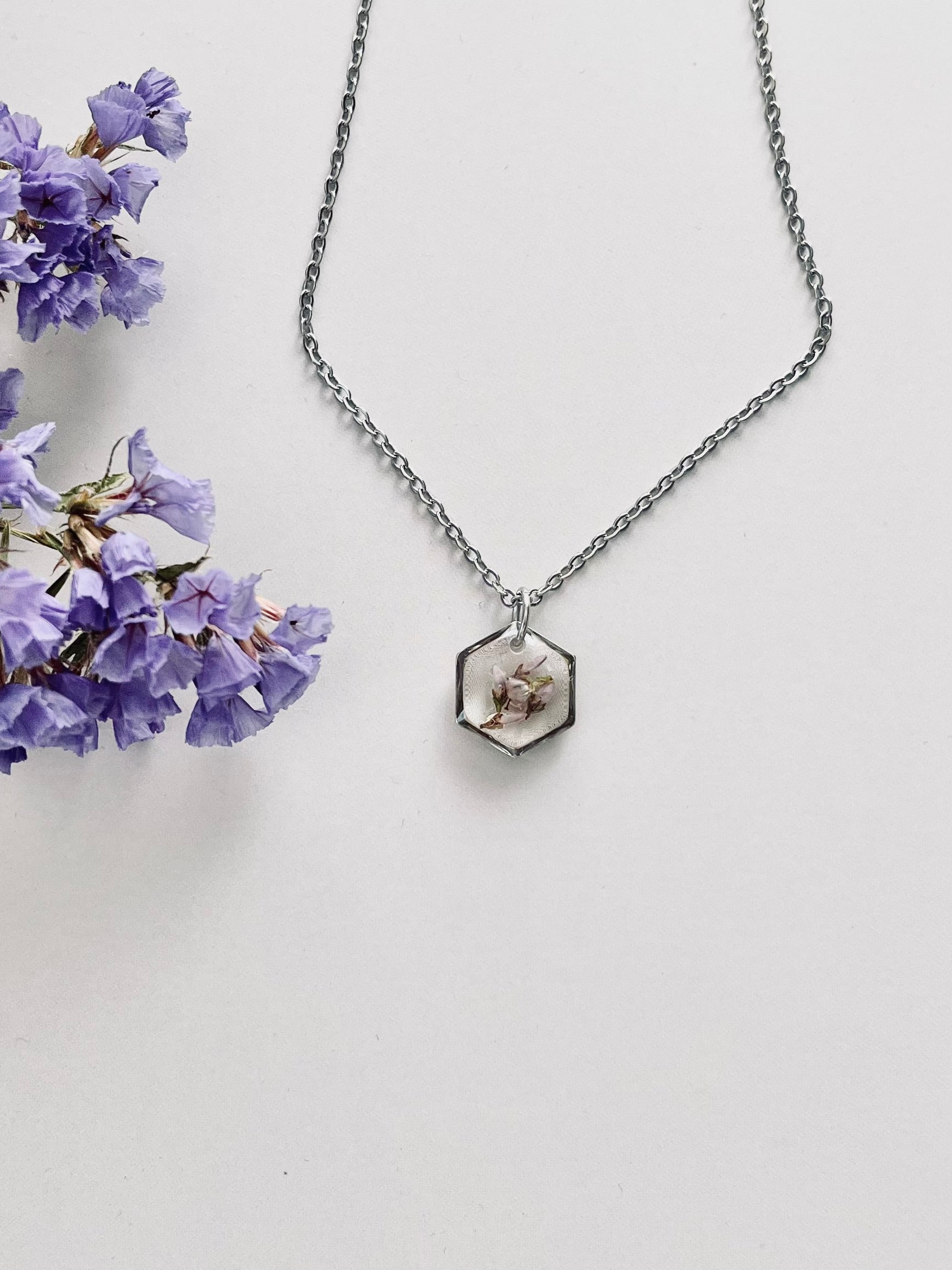 Silver Hexagon Scottish Heather Necklace (Small)