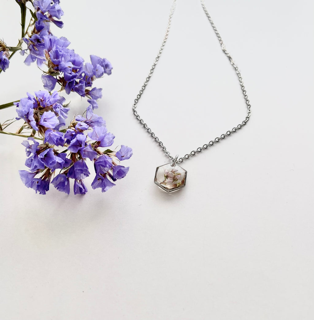 Silver Hexagon Scottish Heather Necklace (Small)