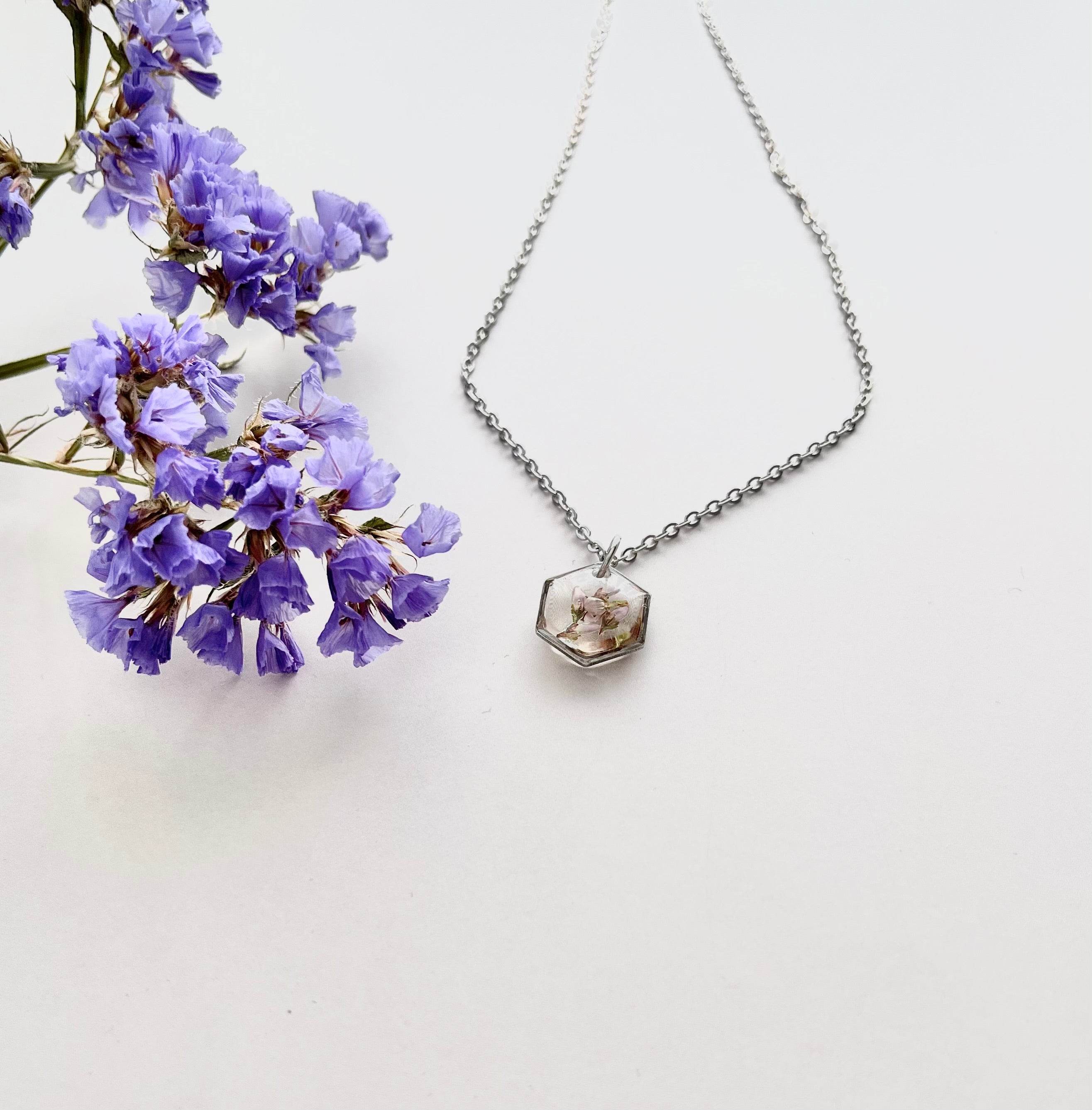 Silver Hexagon Scottish Heather Necklace (Small)