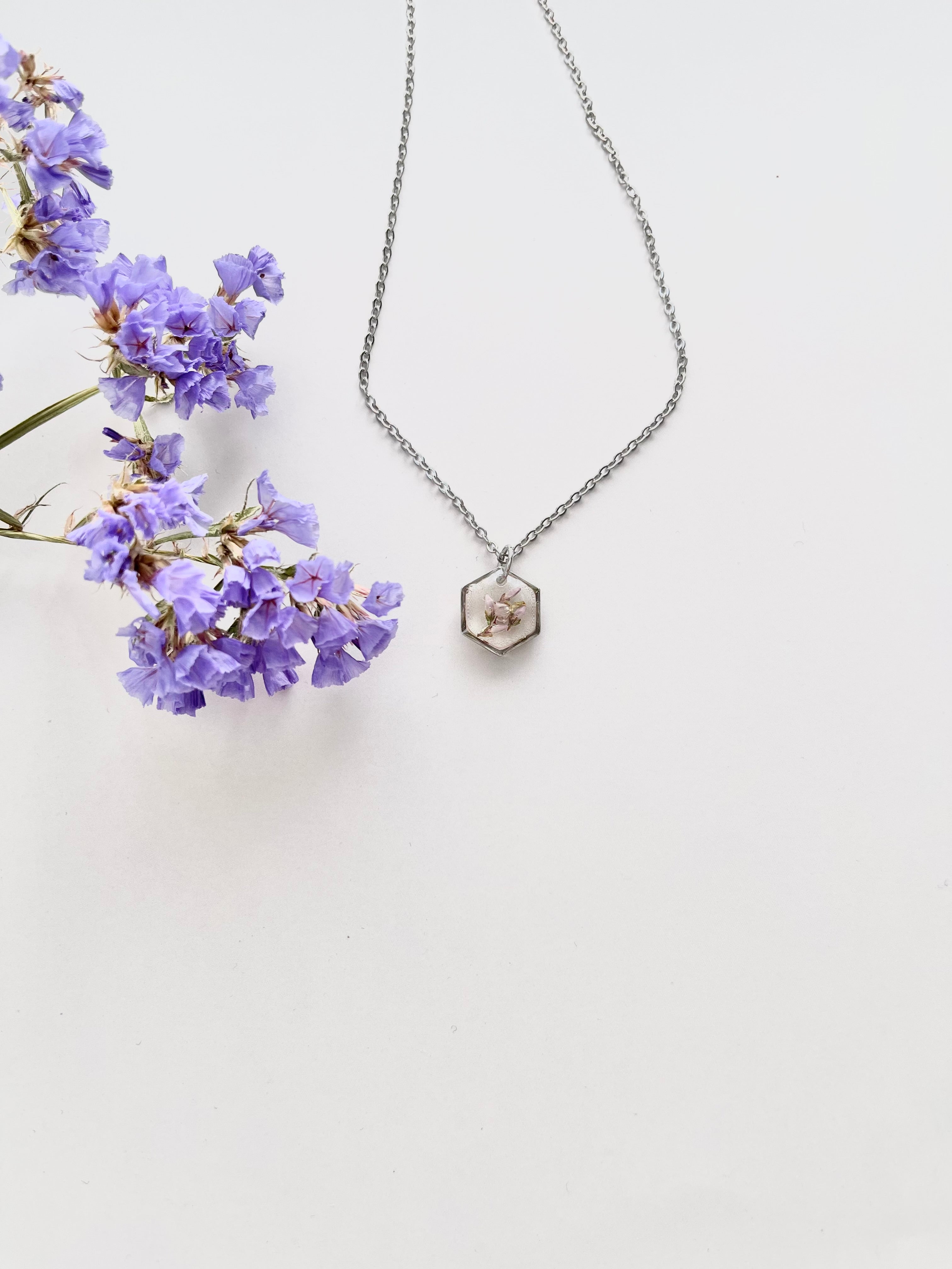 Silver Hexagon Scottish Heather Necklace (Small)