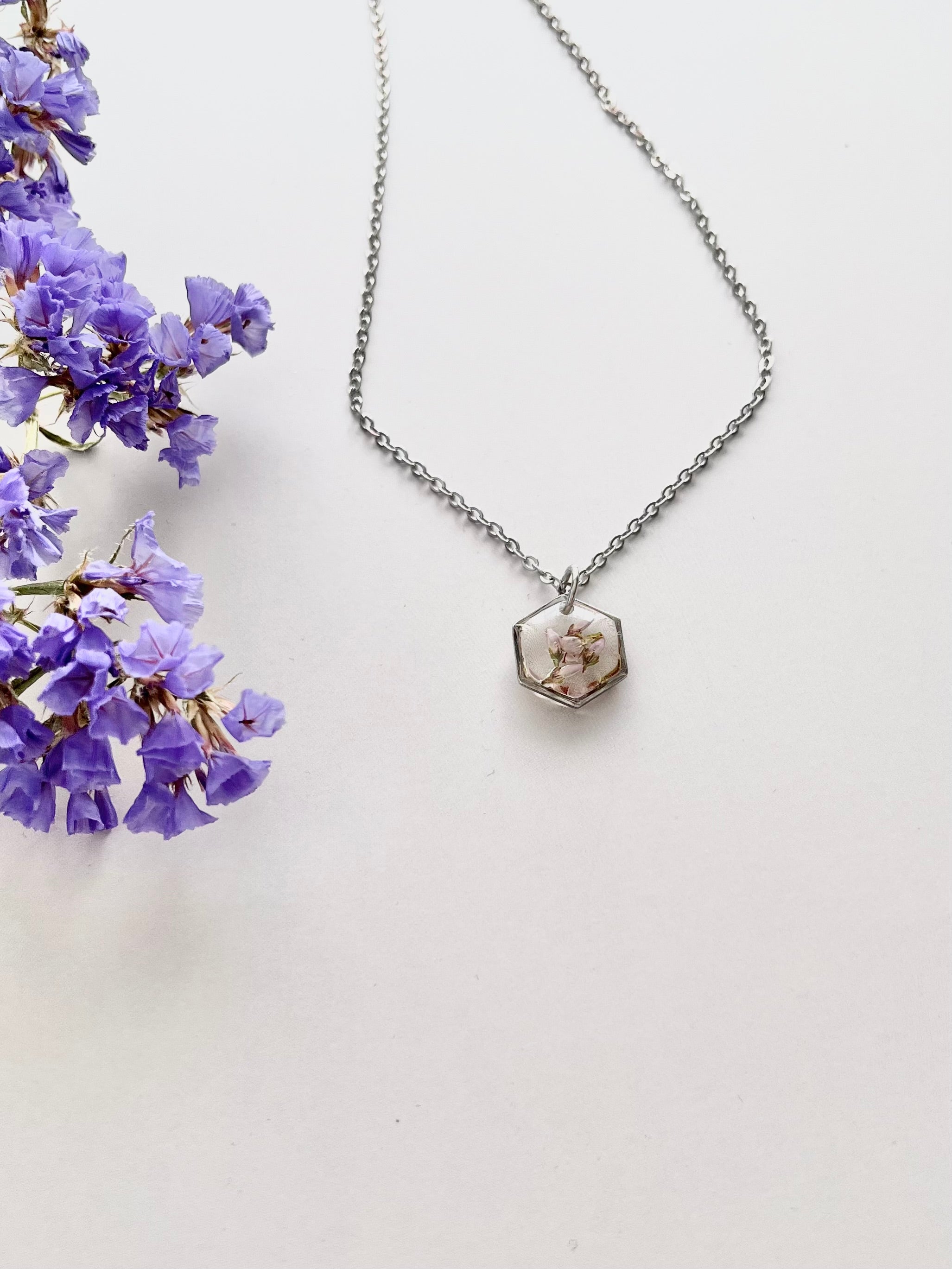 Silver Hexagon Scottish Heather Necklace (Small)