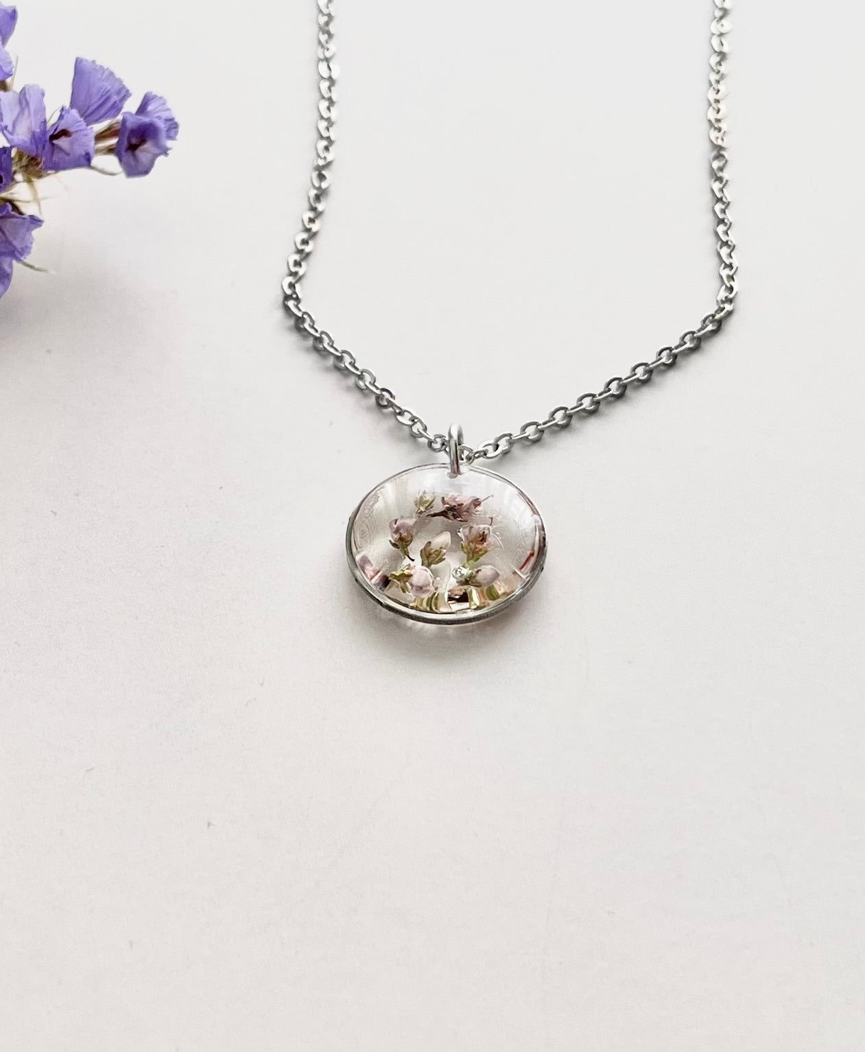 Silver Round Scottish Heather Necklace (Small)