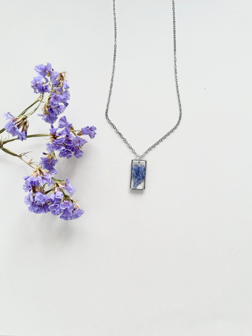 Silver Rectangular Blue Flower Necklace (Medium)