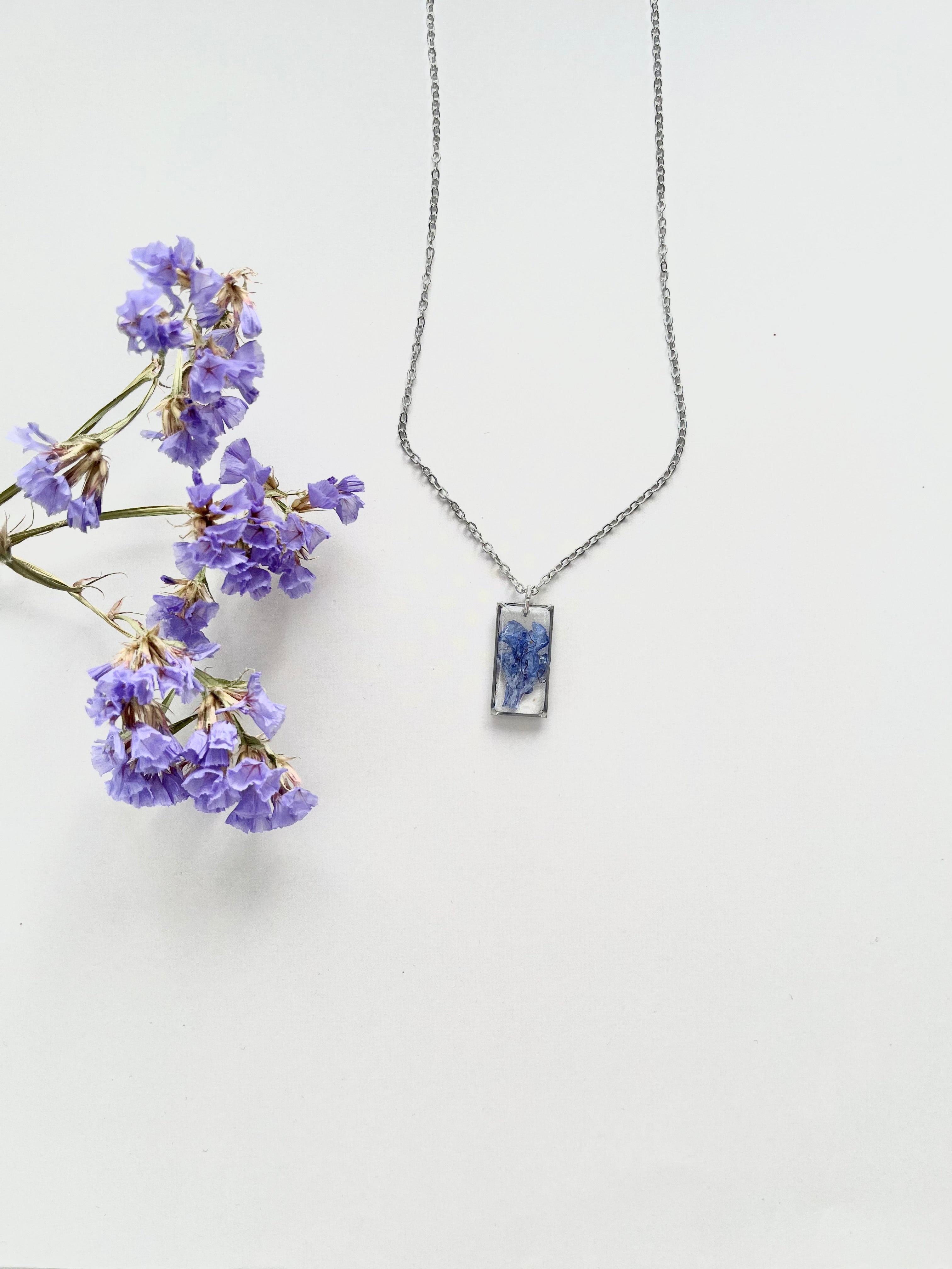 Silver Rectangular Blue Flower Necklace (Medium)