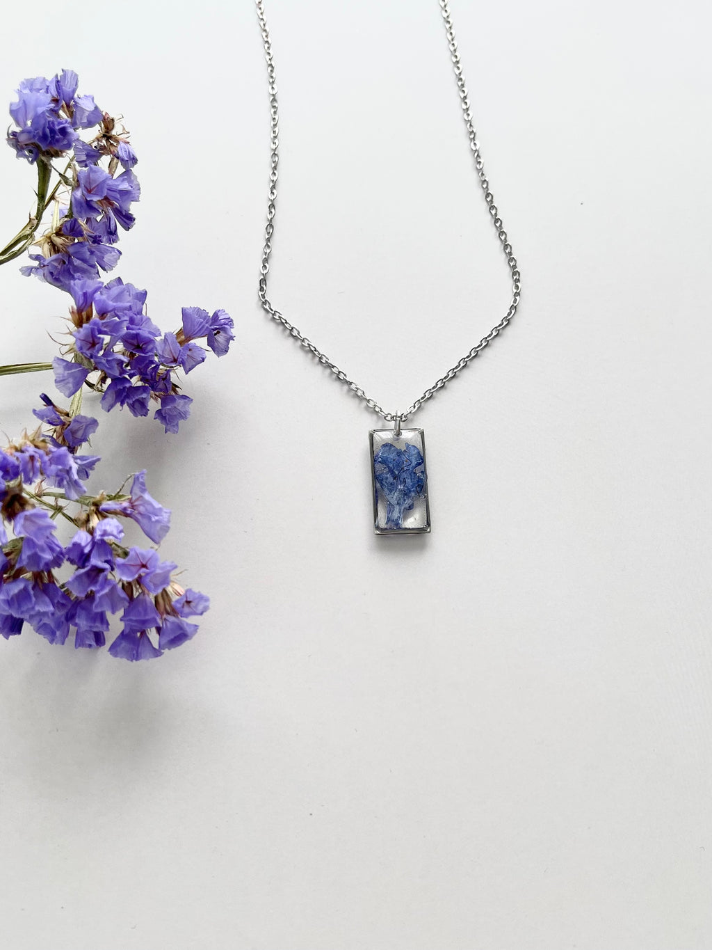 Silver Rectangular Blue Flower Necklace (Medium)