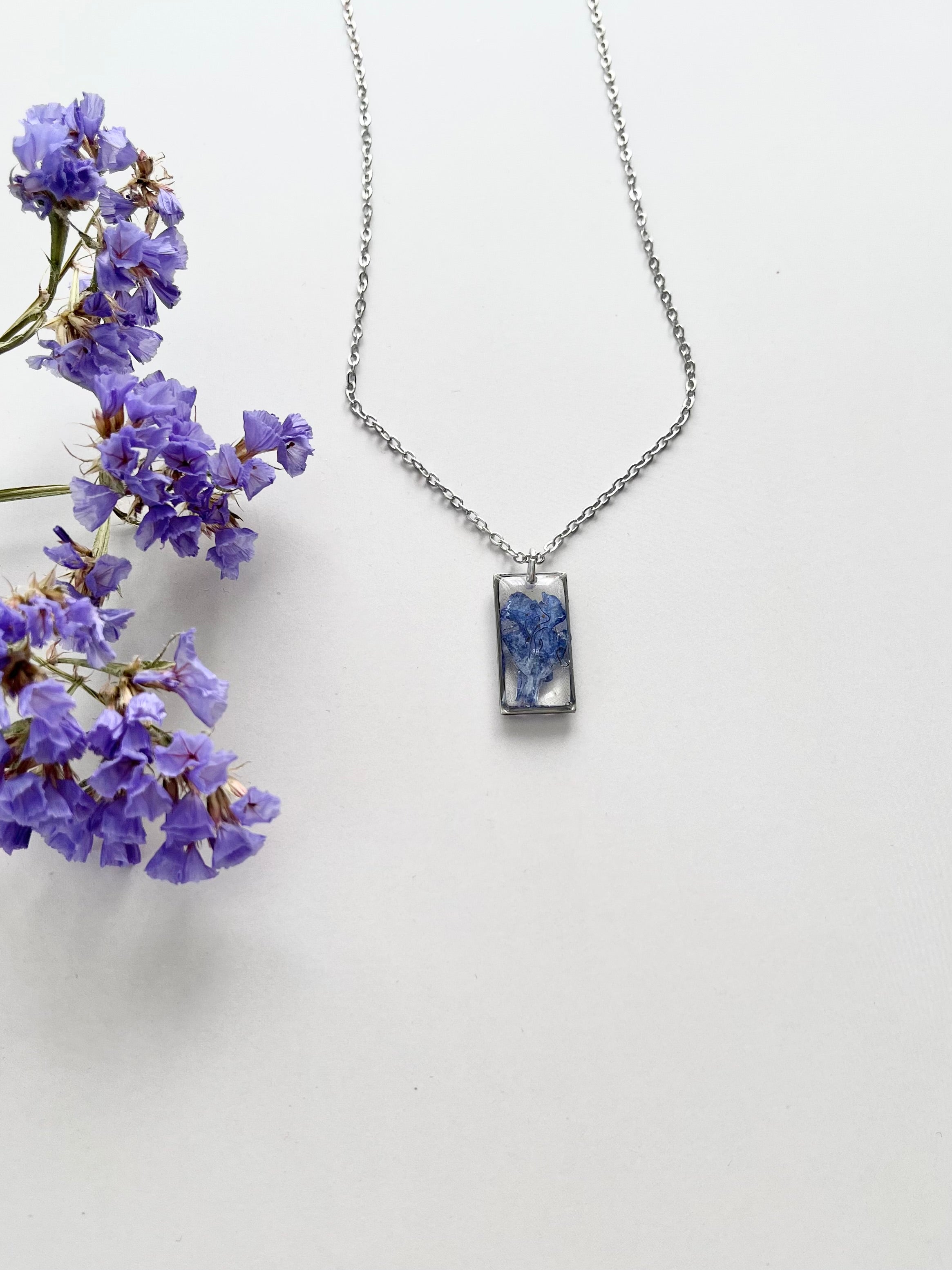 Silver Rectangular Blue Flower Necklace (Medium)