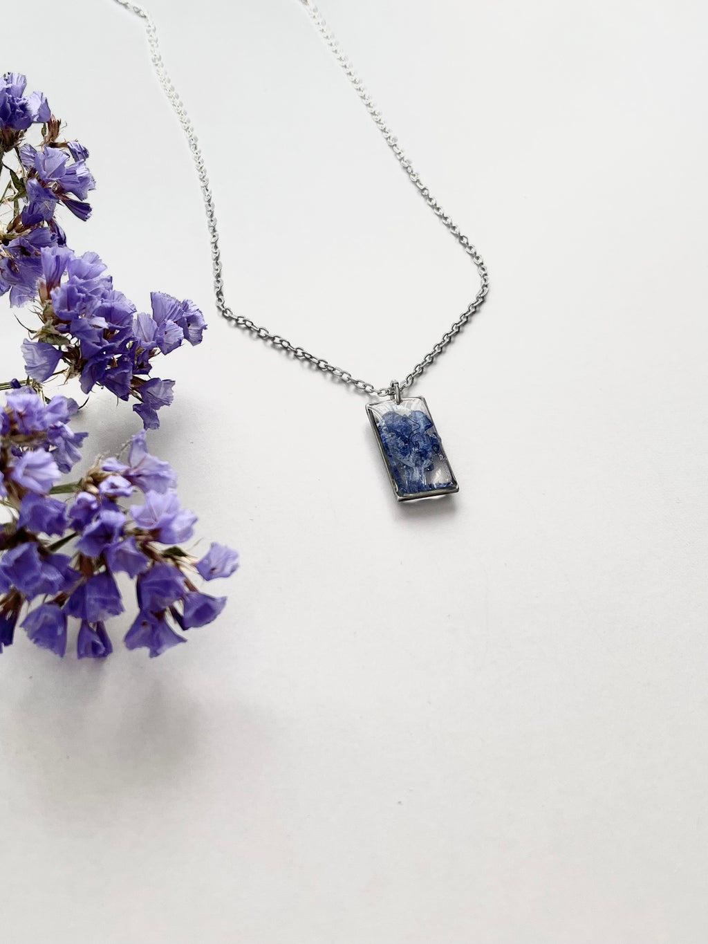 Silver Rectangular Blue Flower Necklace (Medium)