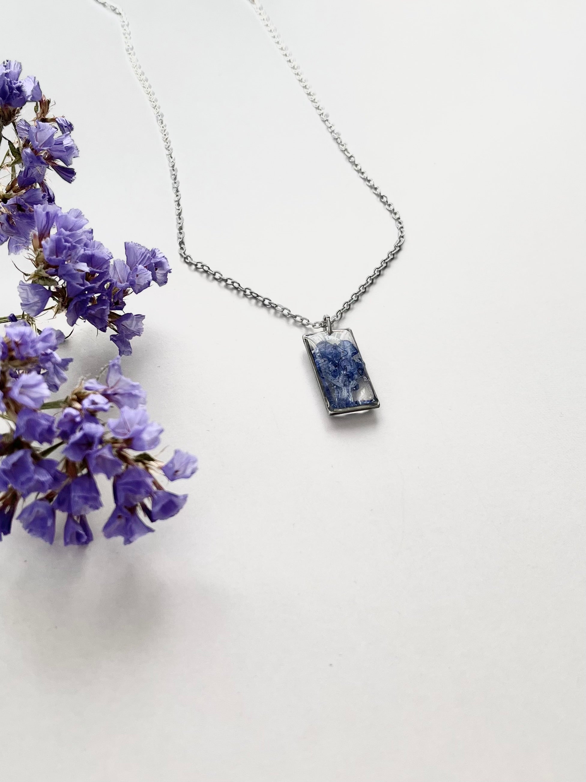 Silver Rectangular Blue Flower Necklace (Medium)
