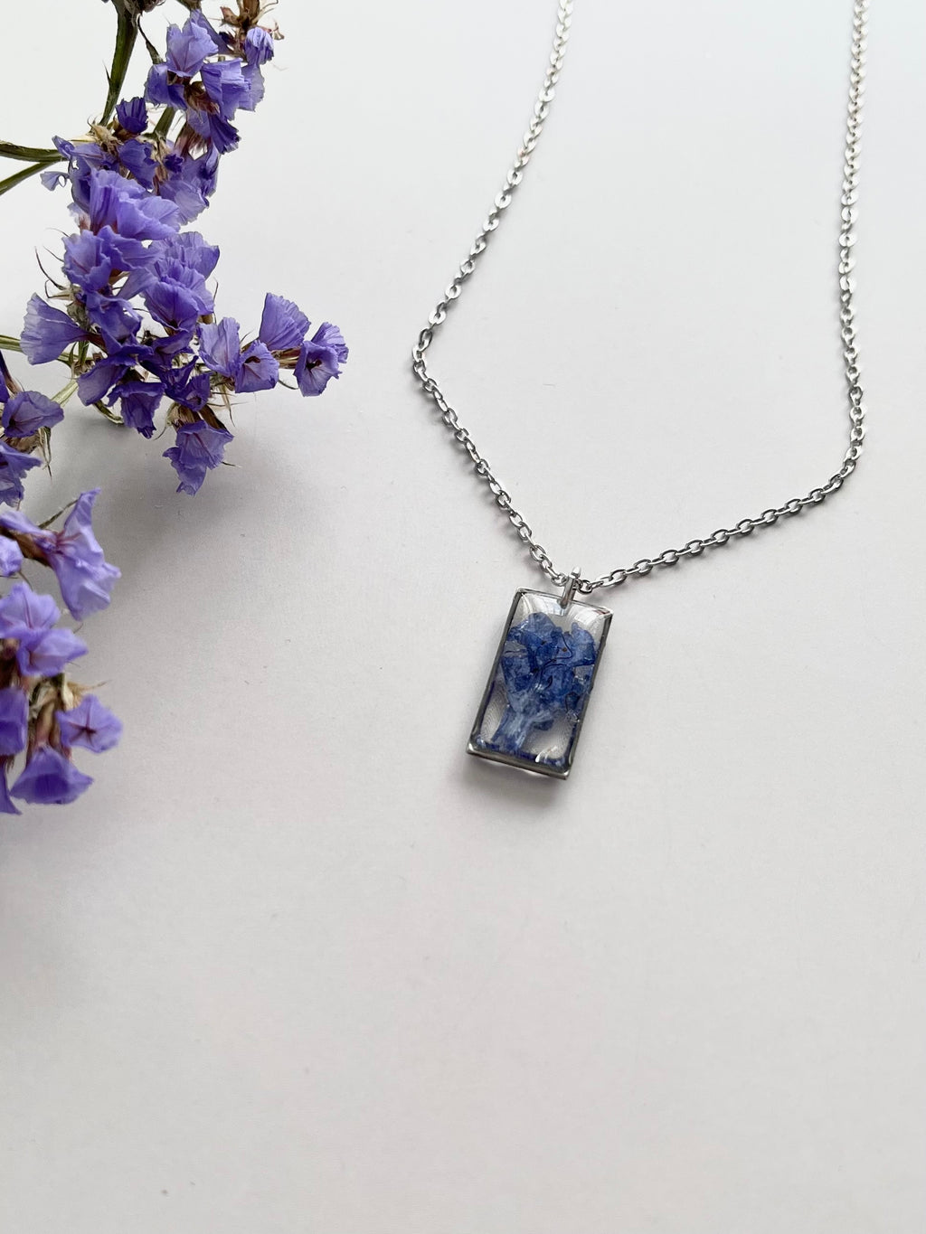 Silver Rectangular Blue Flower Necklace (Medium)