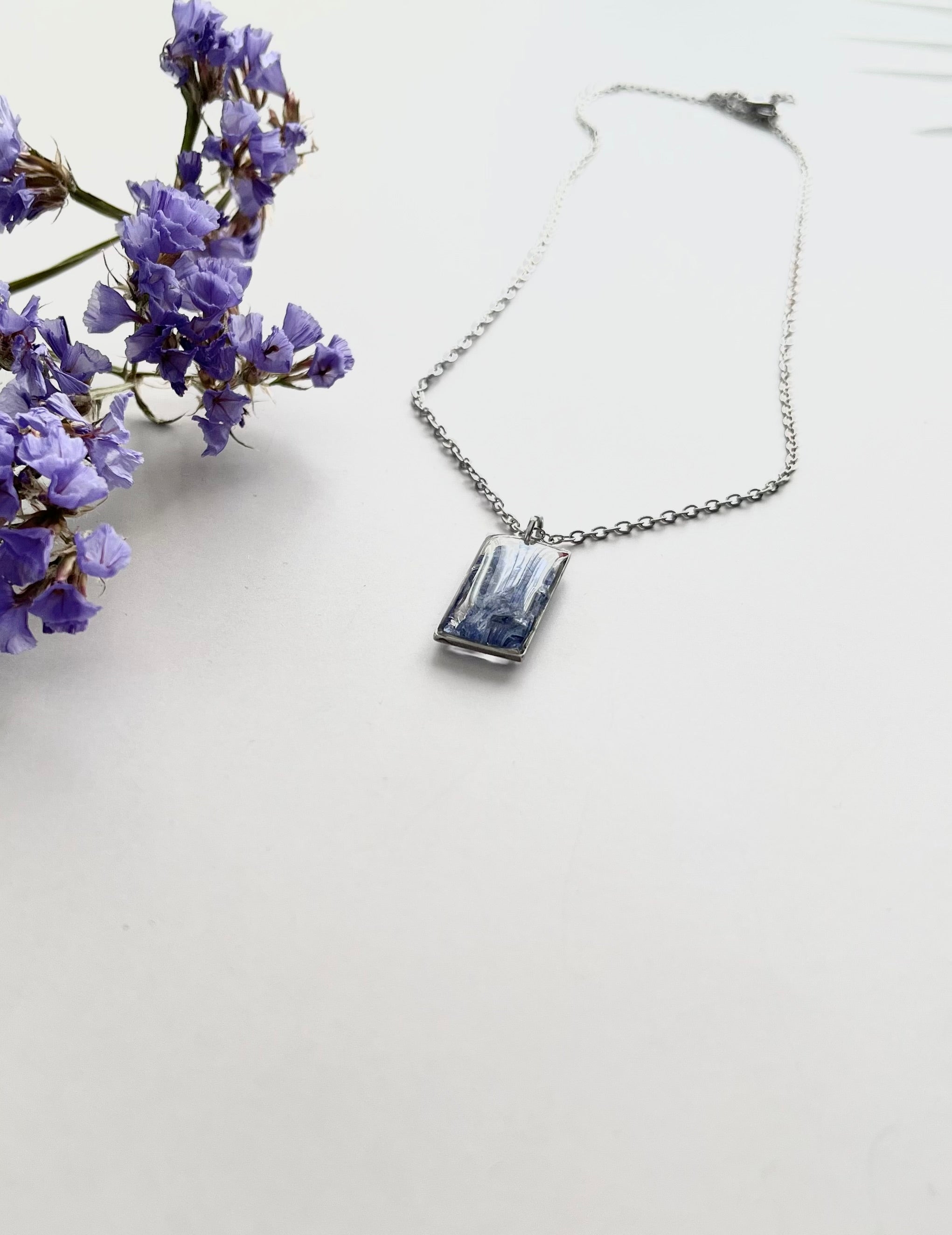 Silver Rectangular Blue Flower Necklace (Medium)