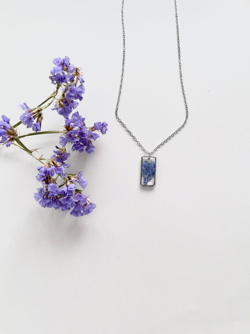 Silver Rectangular Blue Flower Necklace (Medium)
