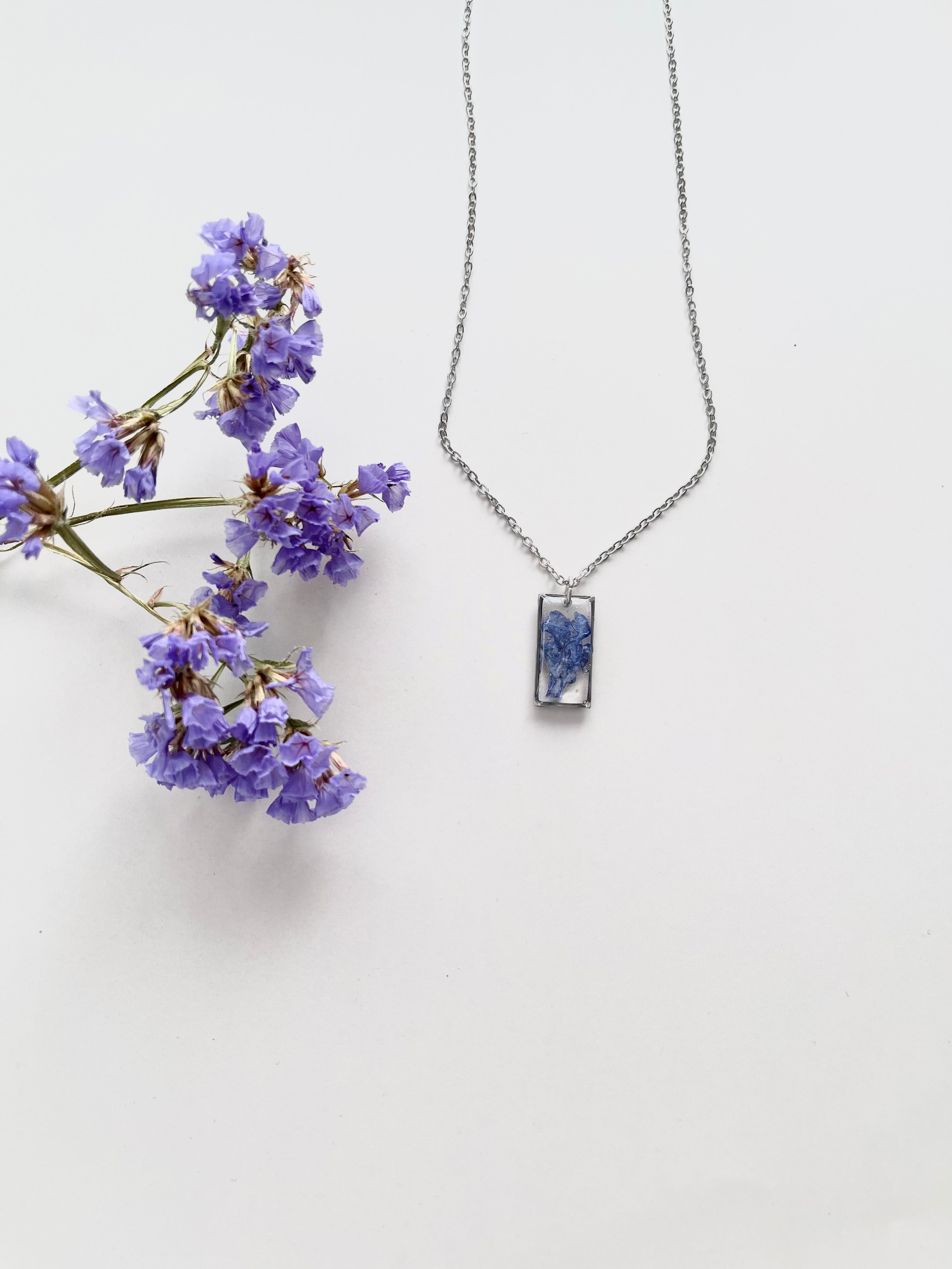 Silver Rectangular Blue Flower Necklace (Medium)