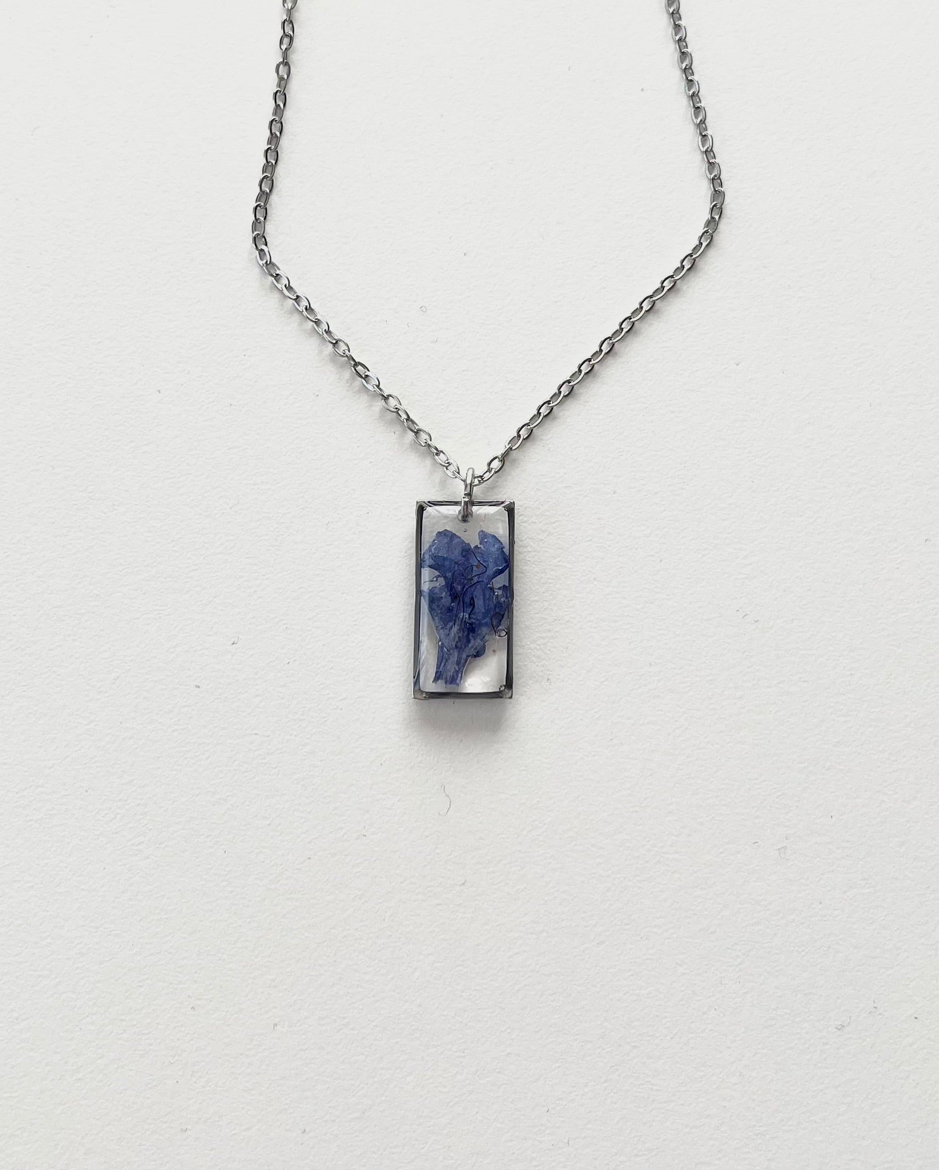 Silver Rectangular Blue Flower Necklace (Medium)
