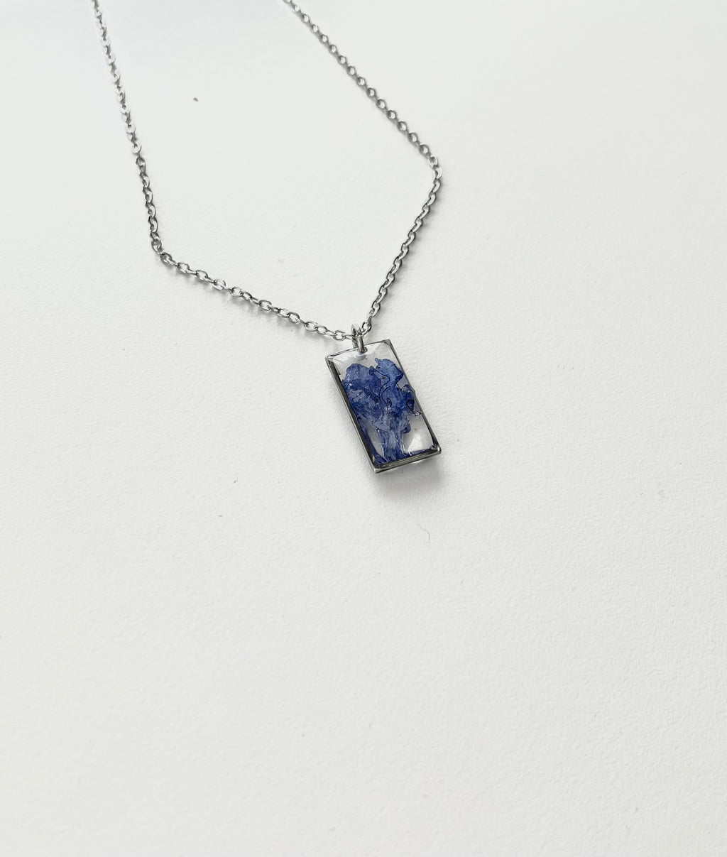 Silver Rectangular Blue Flower Necklace (Medium)