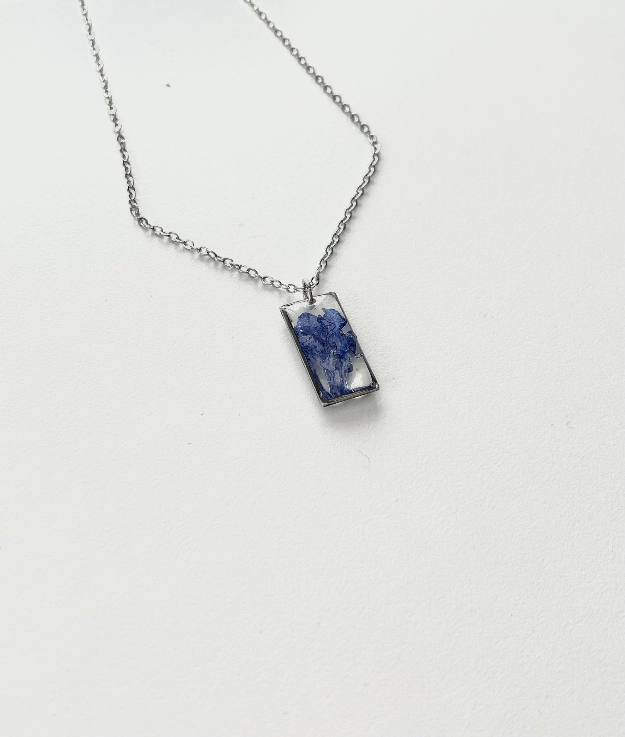 Silver Rectangular Blue Flower Necklace (Medium)