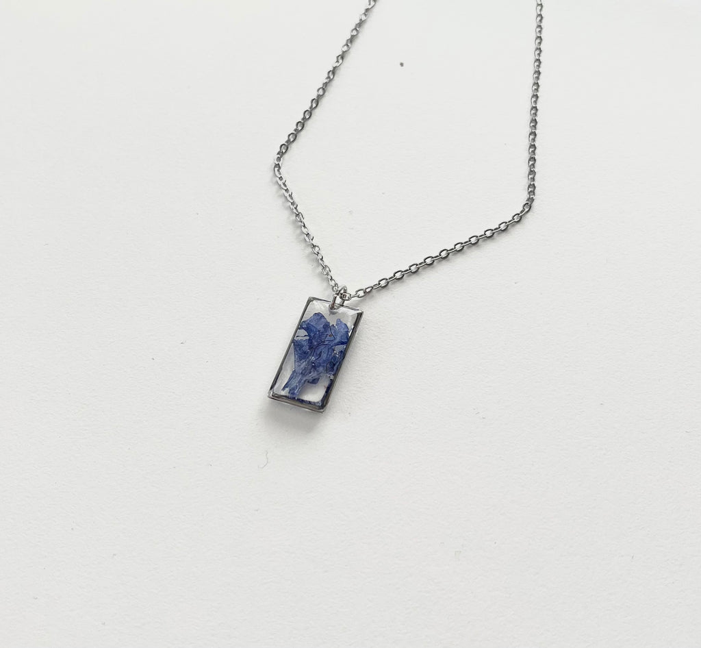 Silver Rectangular Blue Flower Necklace (Medium)