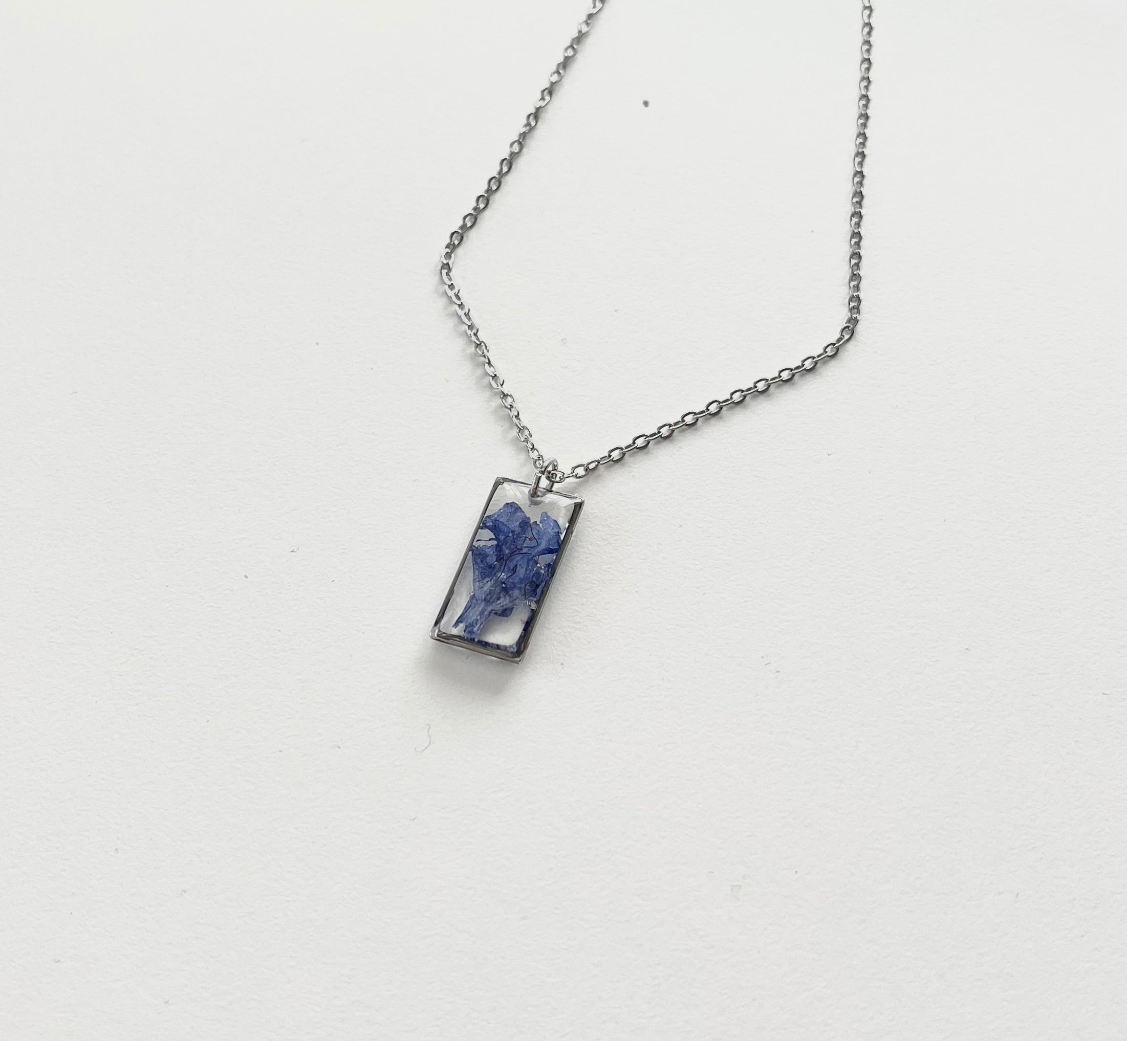 Silver Rectangular Blue Flower Necklace (Medium)