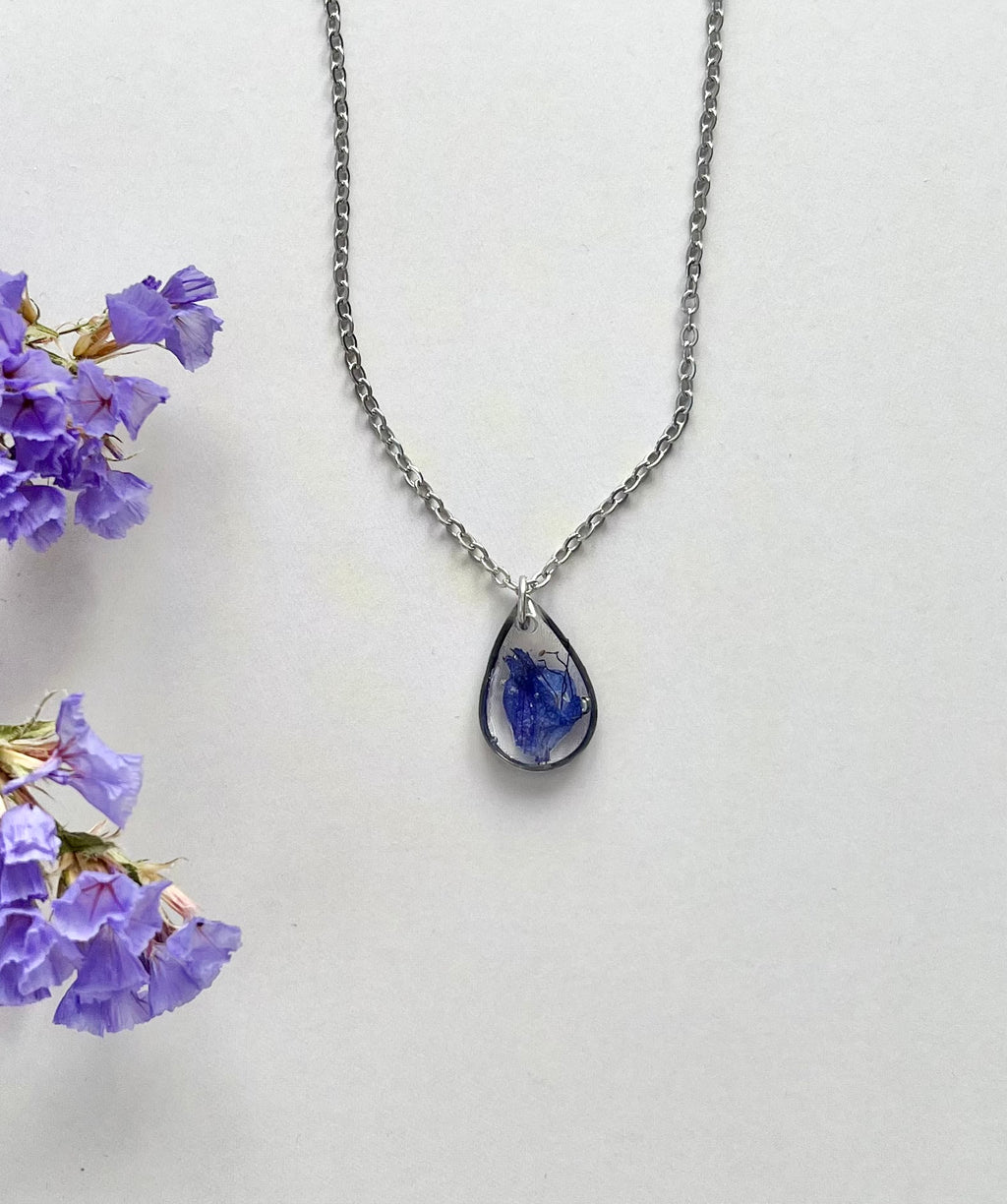 Silver Drop Blue Flower Necklace (Small)