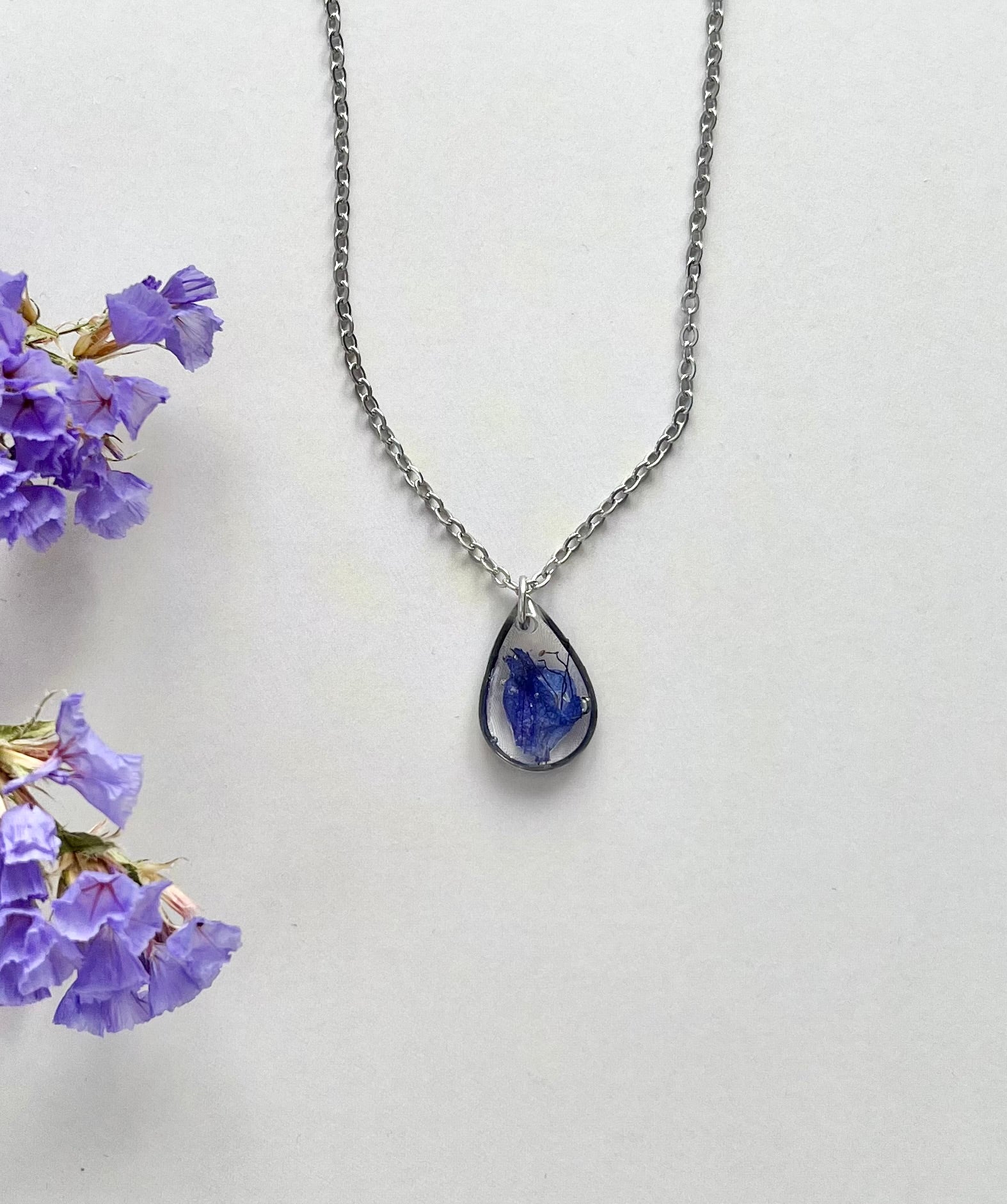 Silver Drop Blue Flower Necklace (Small)