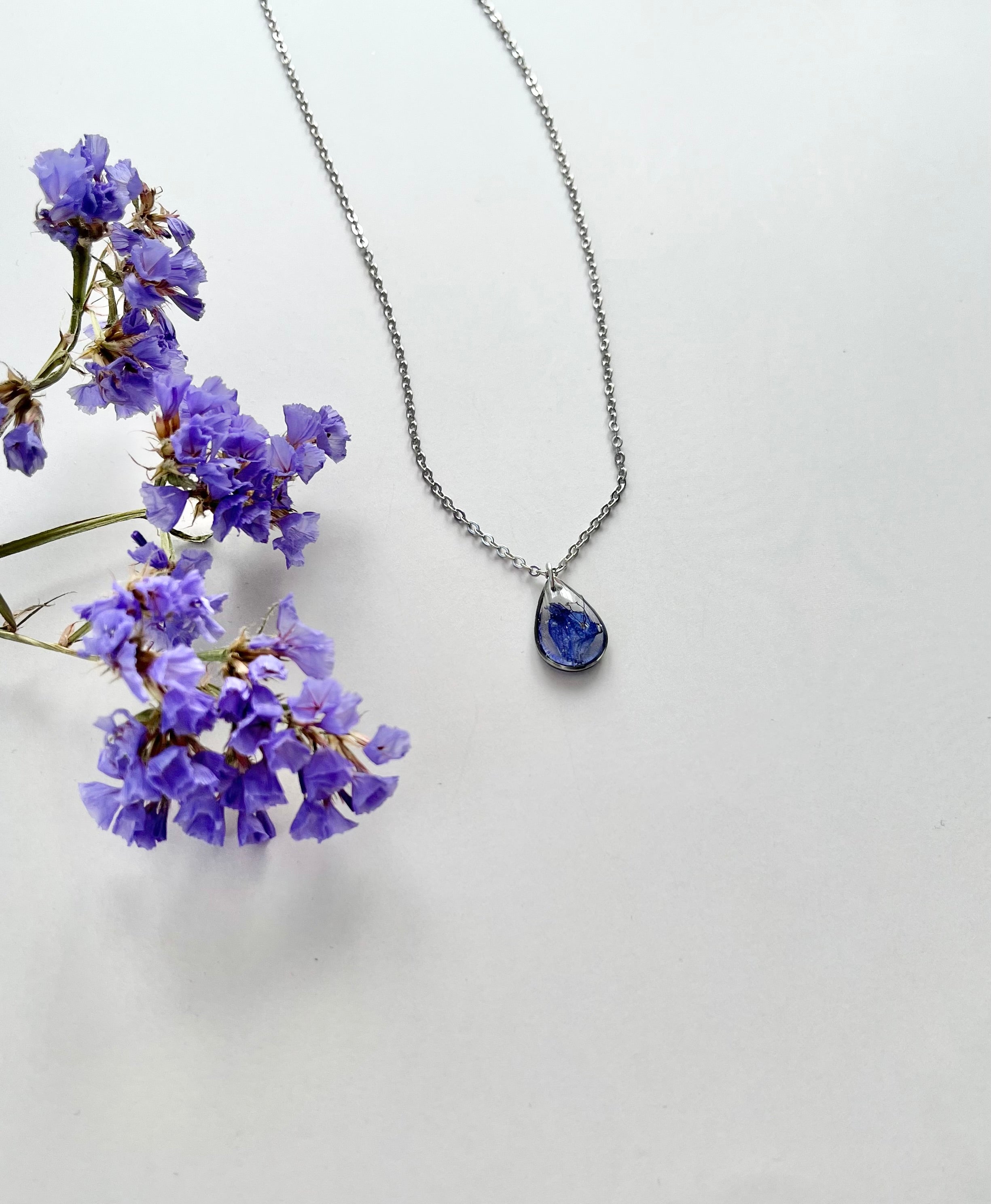 Silver Drop Blue Flower Necklace (Small)
