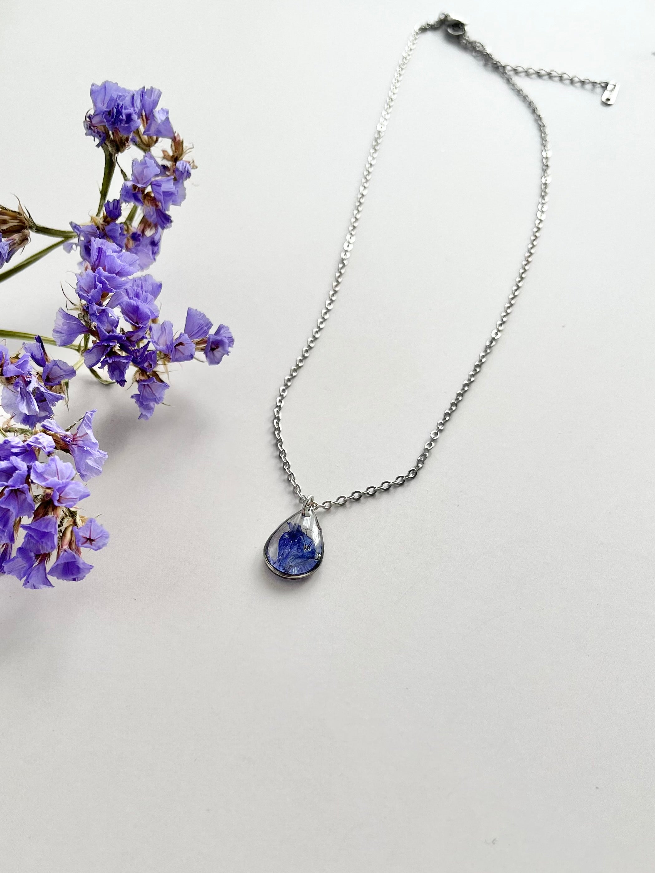 Silver Drop Blue Flower Necklace (Small)