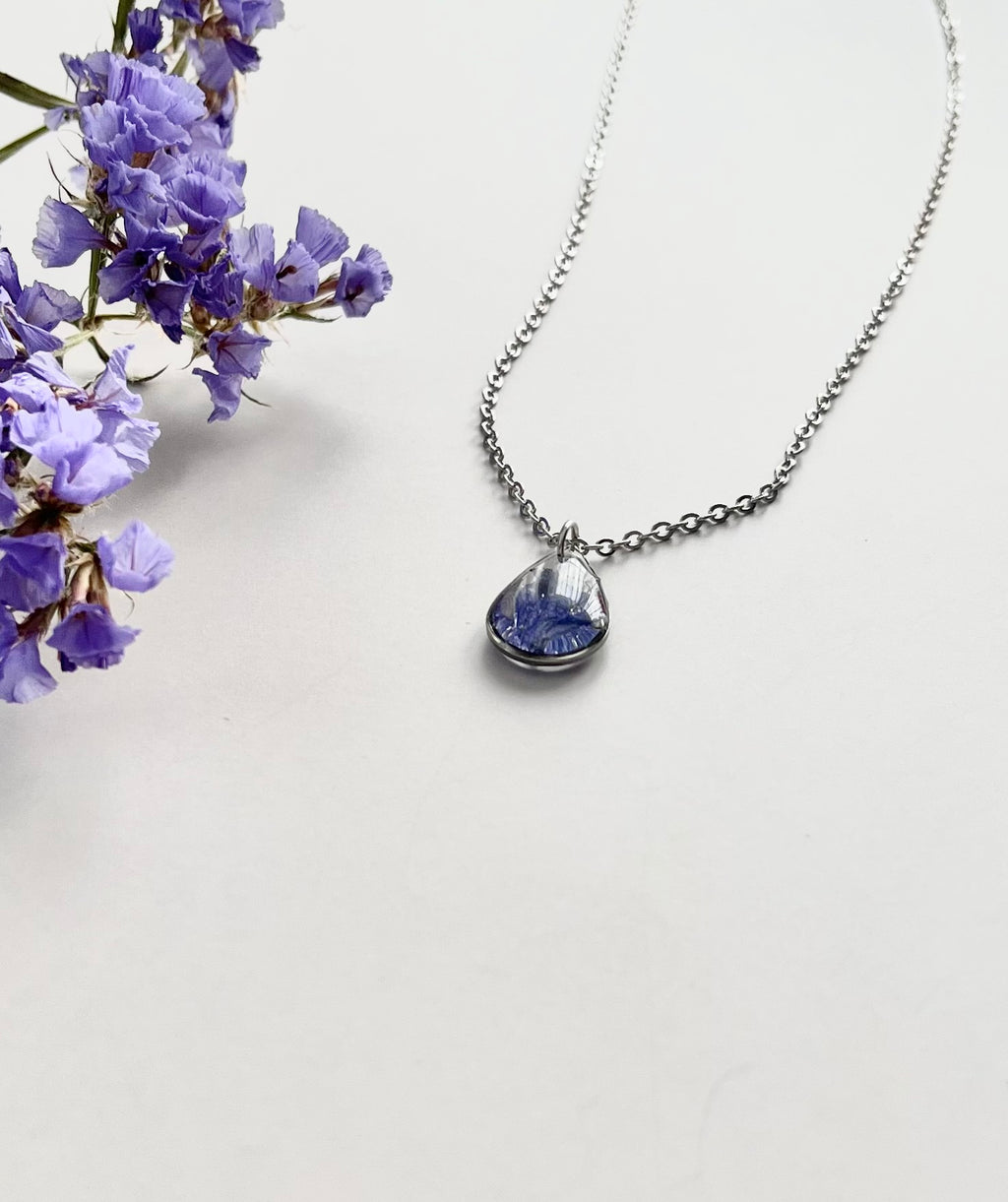 Silver Drop Blue Flower Necklace (Small)