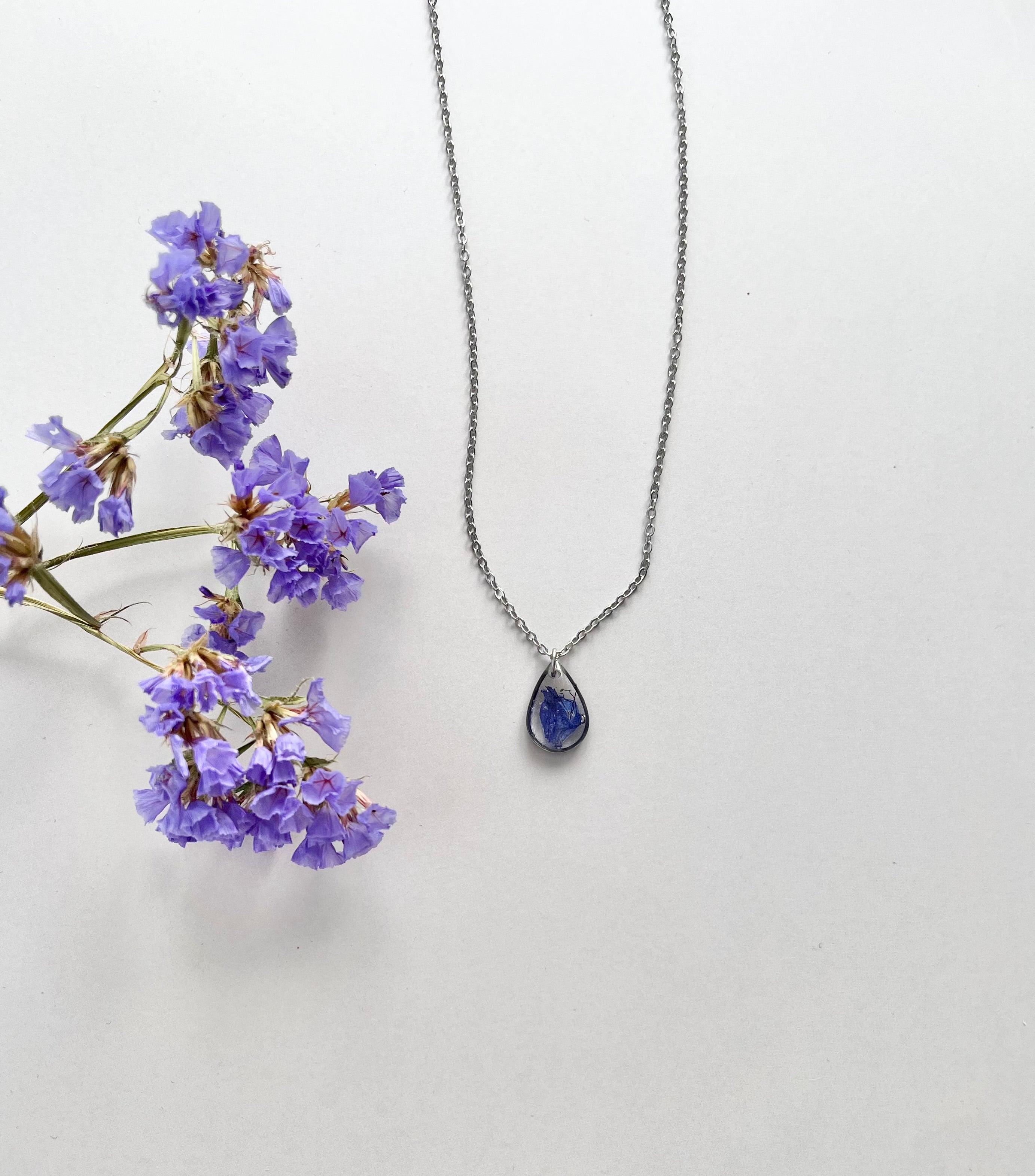 Silver Drop Blue Flower Necklace (Small)