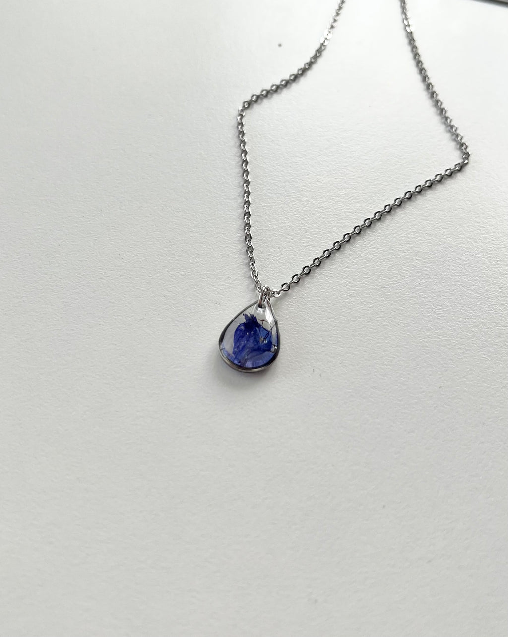 Silver Drop Blue Flower Necklace (Small)