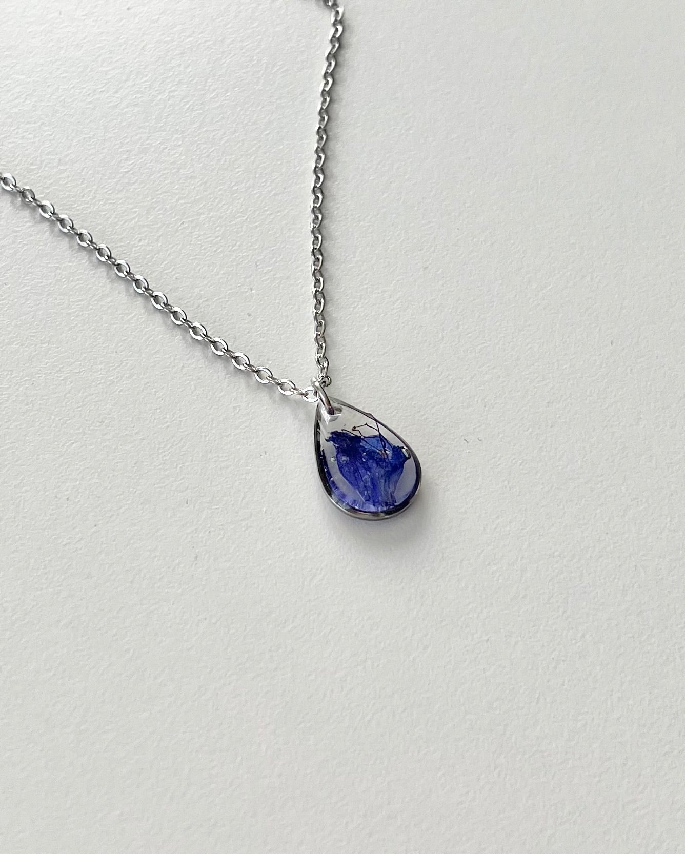 Silver Drop Blue Flower Necklace (Small)