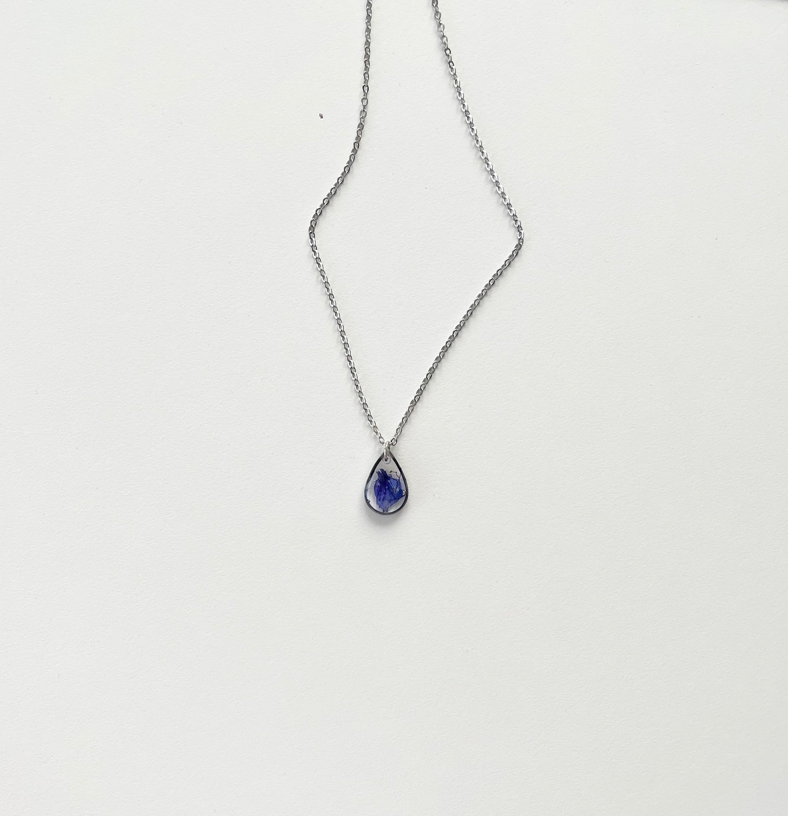 Silver Drop Blue Flower Necklace (Small)