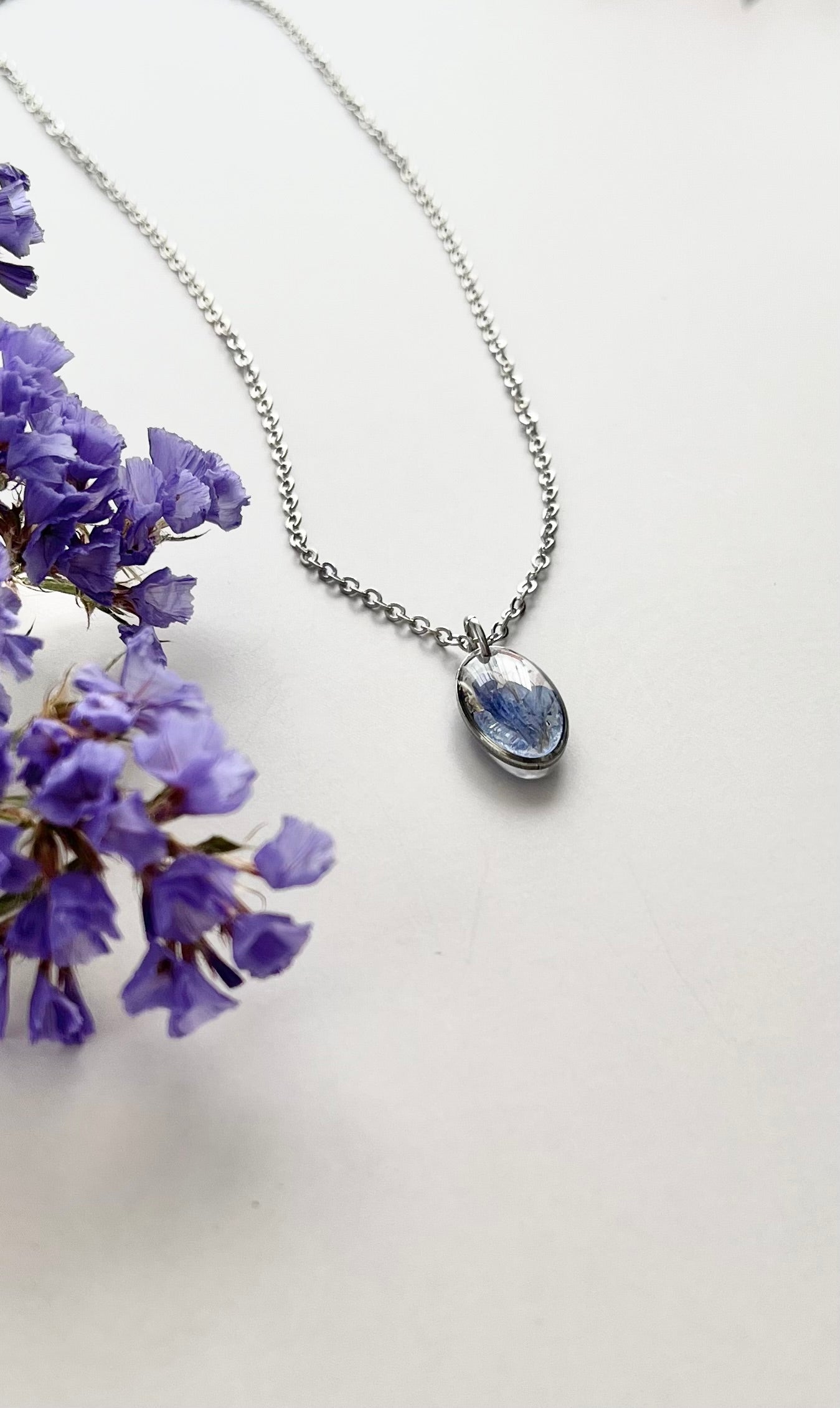 Silver Oval Blue Flower Necklace (Small)
