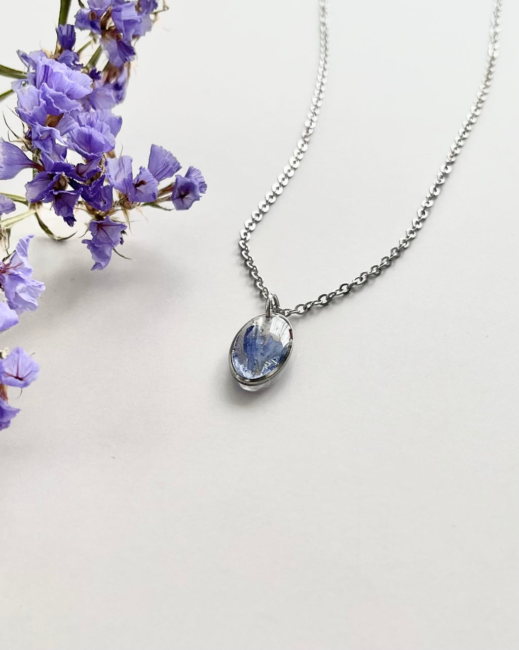 Silver Oval Blue Flower Necklace (Small)