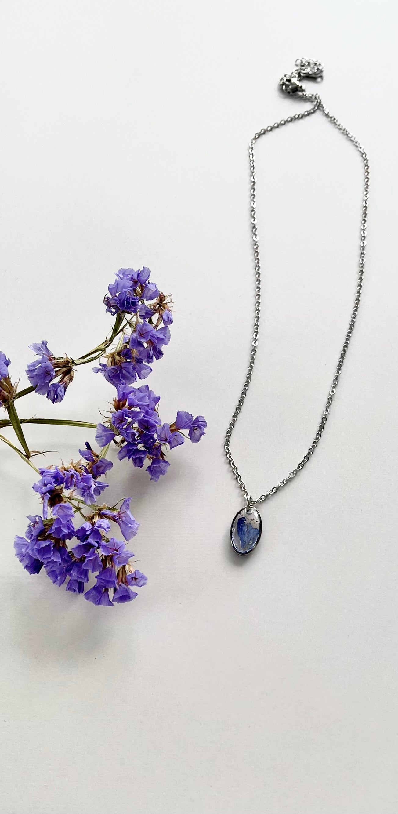 Silver Oval Blue Flower Necklace (Small)