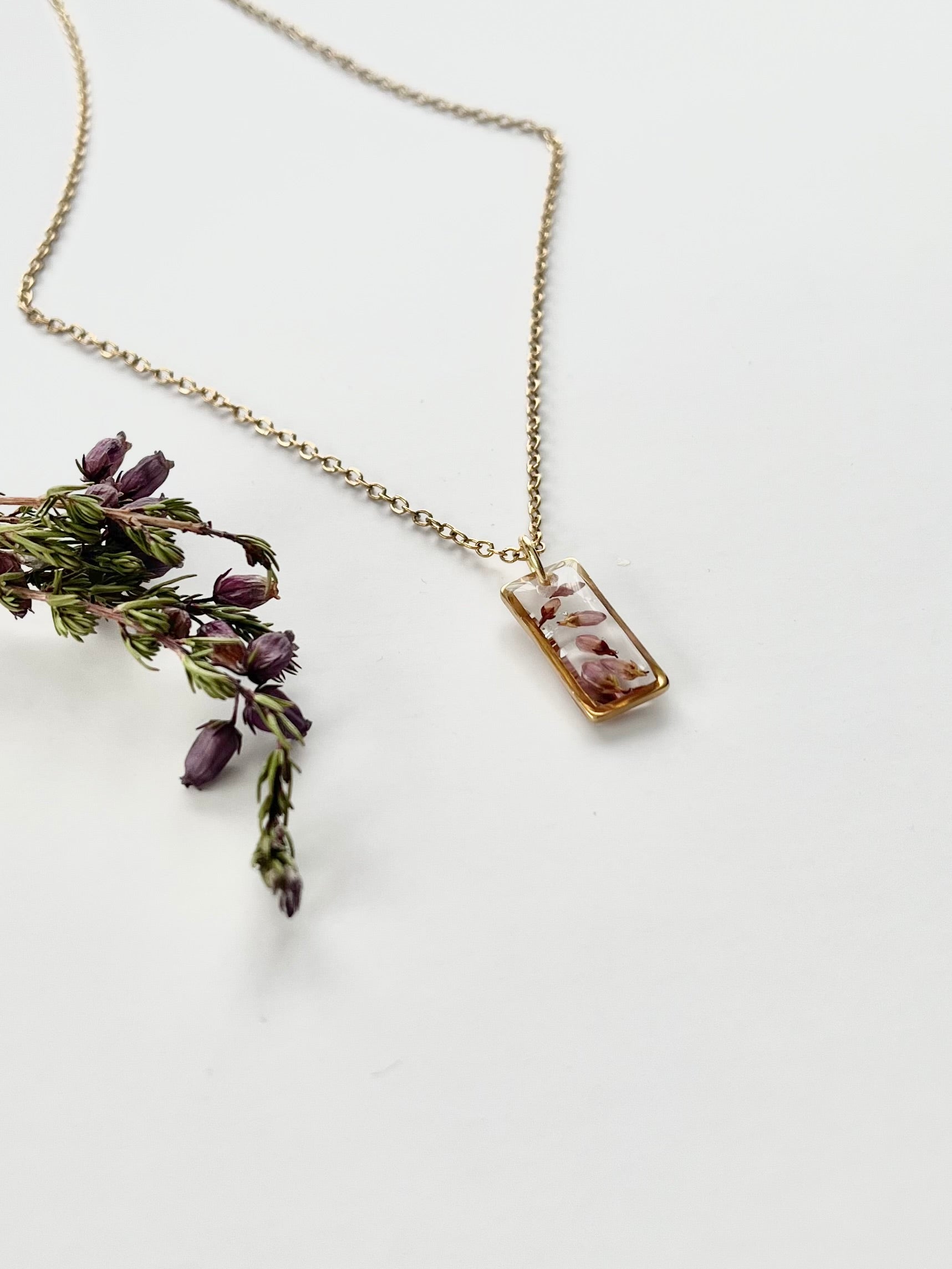 Gold Rectangular Scottish Heather Necklace (Small)